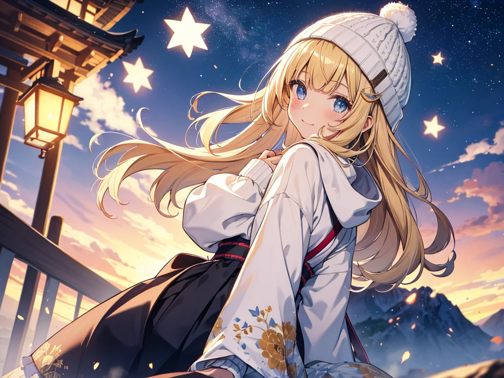 (masterpiece)++,(sweet illustration)+,detailed gradient eyes, outdoors, milky way galaxy, Beautiful scenery, Moonlight, high resolution, summit,
1girl, sitting, kimono, WHITE MUFFLER, duffel coat, ROBE, (fluffy, beanie), from back, looking at viewer, medium bob, blonde hair, bun_head, shiny wavy hair, blue eyes, light smile, lens flare, Japanies Hairpin, kanzashi, braided bangs, cute, , 14-yo, , sweaty hats, white breath, steam, shooting star, astronomical telescope, 