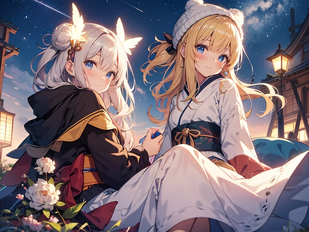 (masterpiece)++,(sweet illustration)+,detailed gradient eyes, outdoors, milky way galaxy, Beautiful scenery, Moonlight, high resolution, summit,
1girl, sitting, kimono, WHITE MUFFLER, duffel coat, ROBE, (fluffy, beanie), from back, looking at viewer, medium bob, blonde hair, bun_head, shiny wavy hair, blue eyes, light smile, lens flare, Japanies Hairpin, kanzashi, braided bangs, cute, , 14-yo, , sweaty hats, white breath, steam, shooting star, astronomical telescope, 