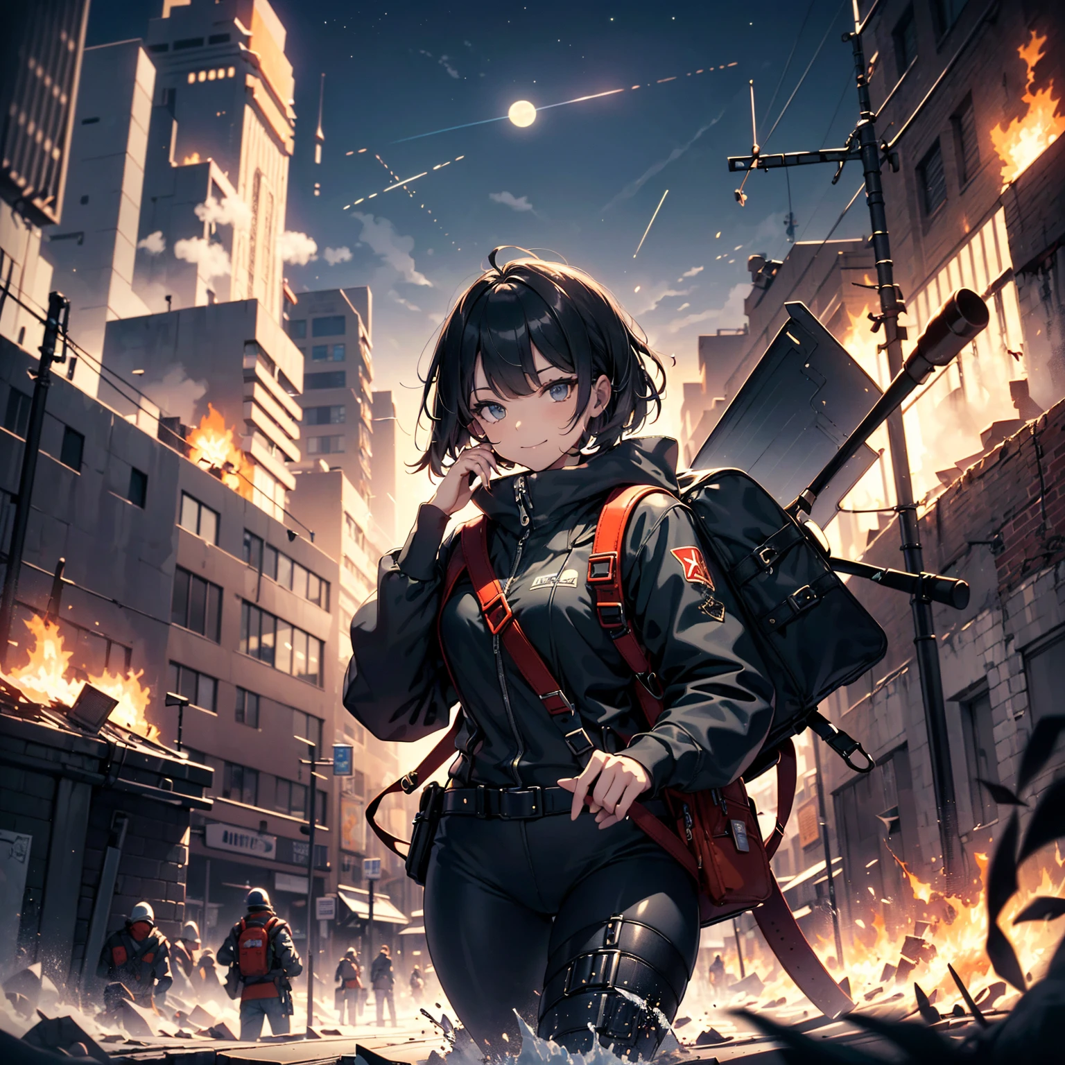 (highest quality,T Masterpiece,final solution,whole body):(24 year old female fighter,Slender、small face、Black Super Short Hair、Shiny black tight combat uniform,tight suit,dynamic angle、dynamic action、(dynamic pose:1.2)、normal posture,normal posture、Gentle smile、Backpack)、(Time Machine、Computer、skyscraper gun、weapons of the future、(Backpack:1.1)、Real World、Plankton rattle field、volumetric fog、gray fog、cigarette、 explosion、apocalyptic、destroyed city background、burning building:1.3、splash of water、starry ski、huge moon、Earth、destroyed giant robot、radio tower、airplane flying overhead、shooting star rocket truck、broken car、derailed train、tank、giant weapon、electronic equipment、Luminous mechanism)