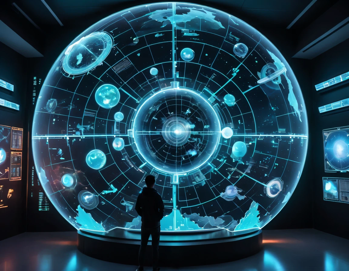 high tech会议大厅中间有未来派transparent空灵天文图,3D astronomical map,Holographic projection astronomical map,Map of cosmic galaxies,spherical,transparent,cyberpunk,X-ray,fluorescence,neon lights,high tech,command hall,Control lobby