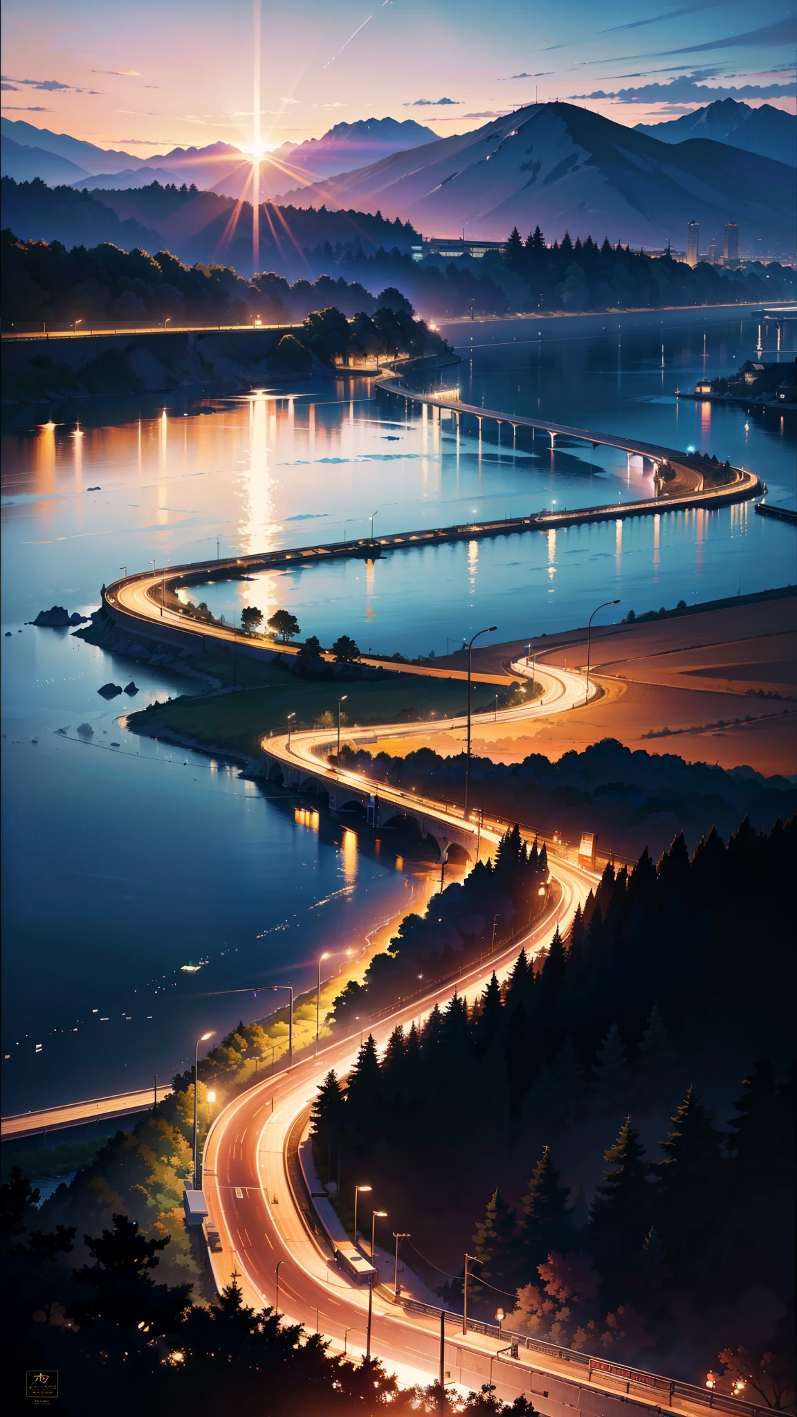 (8K, raw photo, highest resolution, super A high resolution, master piece, there's no one here: 1.2), landscape, anime train passing through bodies of water on tracks, bright starry sky. Romantic train, pixiv, concept art, lofi art style, reflection. by Makoto Shinkai, lofi art, Beautiful anime scene, detailed scenery