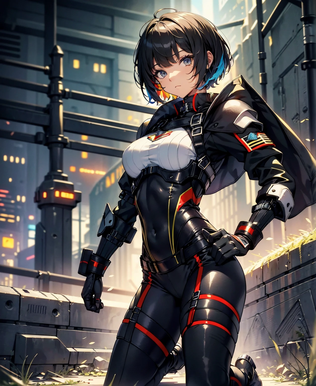 best quality，T Masterpiece，ultimate resolution，fluff，very colorful，colorful，female combatant，（kneeling pose）（pointing at you with his butt）mature woman，Black Super Short Hair，tight combat uniform，tight suit，Steel City Background，night，normal posture，normal posture