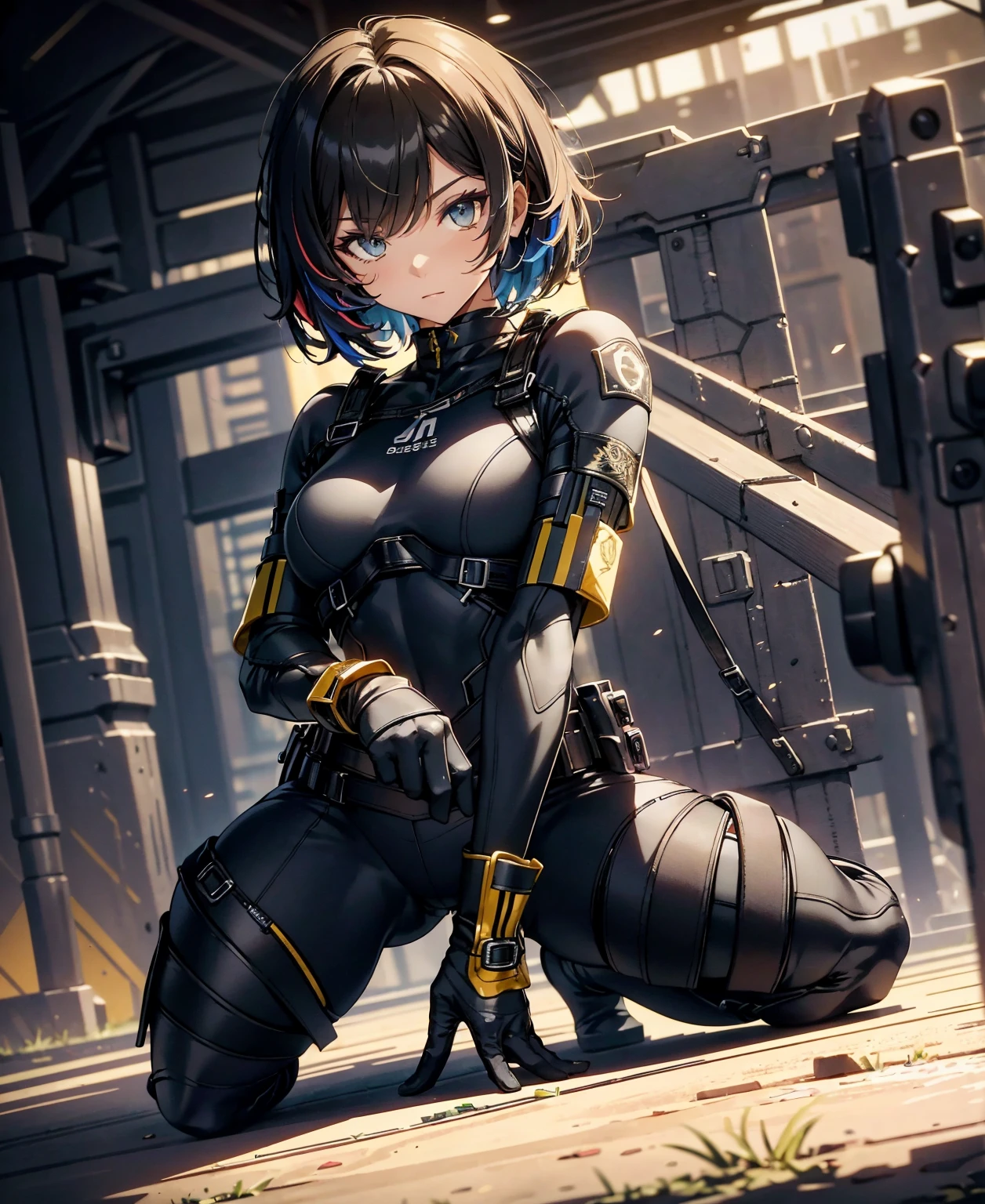 best quality,T Masterpiece,ultimate resolution,fluff,very colorful,colorful,female combatant,(Kneeling Pose)(pointing at you with his butt)mature woman,Black Super Short Hair,tight combat uniform,tight suit,Steel City Background,the night,normal posture,normal posture