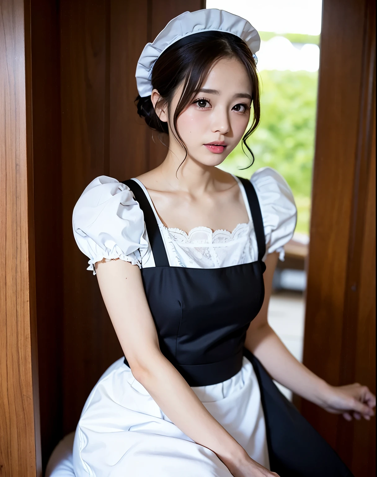 (Raw foto:1.2), ​masterpiece, in 8K, hight resolution, (Photorealsitic:1.4), hyperrealistic girl, extremely detailed eye and face, beatiful detailed eyes, Realistic face, hight resolution, ighly detailed, top-quality, ​masterpiece,  ighly detailed,, magnifica, mansion, top-quality, Light on the Face, 电影灯光, 20 years girl, (Smile:0.5), thighs thighs thighs thighs, Head dress, (maid clothes), Black Maid Costume, Apron with black ribbon, puff sleeves, collars, a choker, Apron with detailed frills,