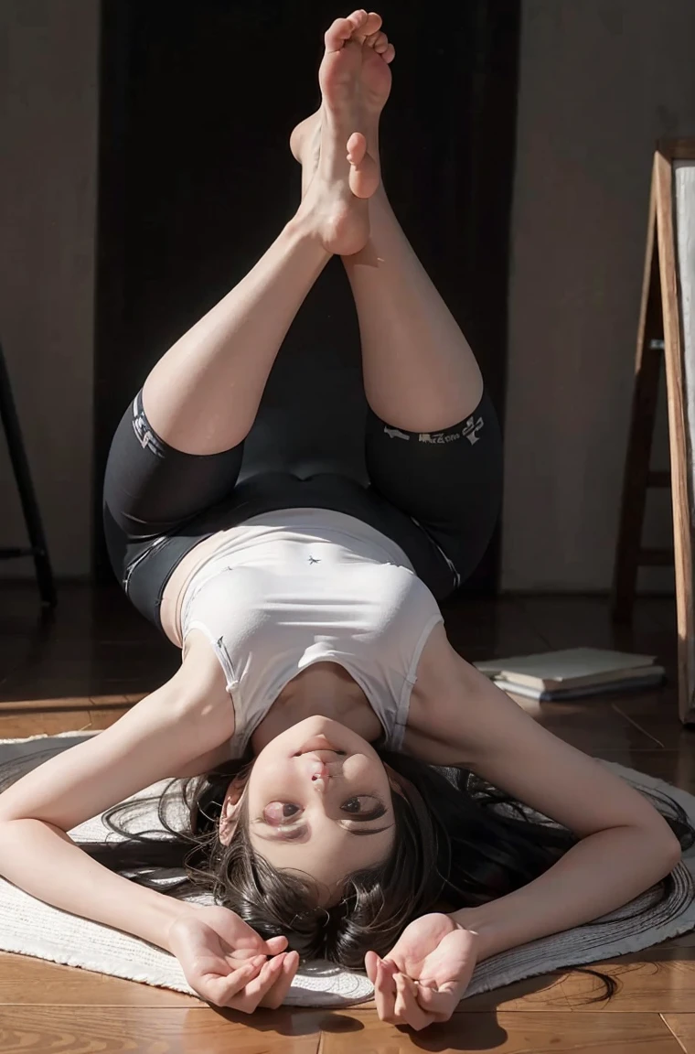 (surreal), (Enlightenment), (high resolution), (8k), (Very detailed), (The best Enlightenmentns), (Beautiful and delicate eyes), (top quality), (Super detailed), (Masterpiece), (wallpaper), (Detailed face), droopy eyes,满身yes汗水, whole body, long legs, armpit, long hair,Inner color,alone,girl in sportswear , huge , Smile, Tight Yoga Pants, slim, yes
