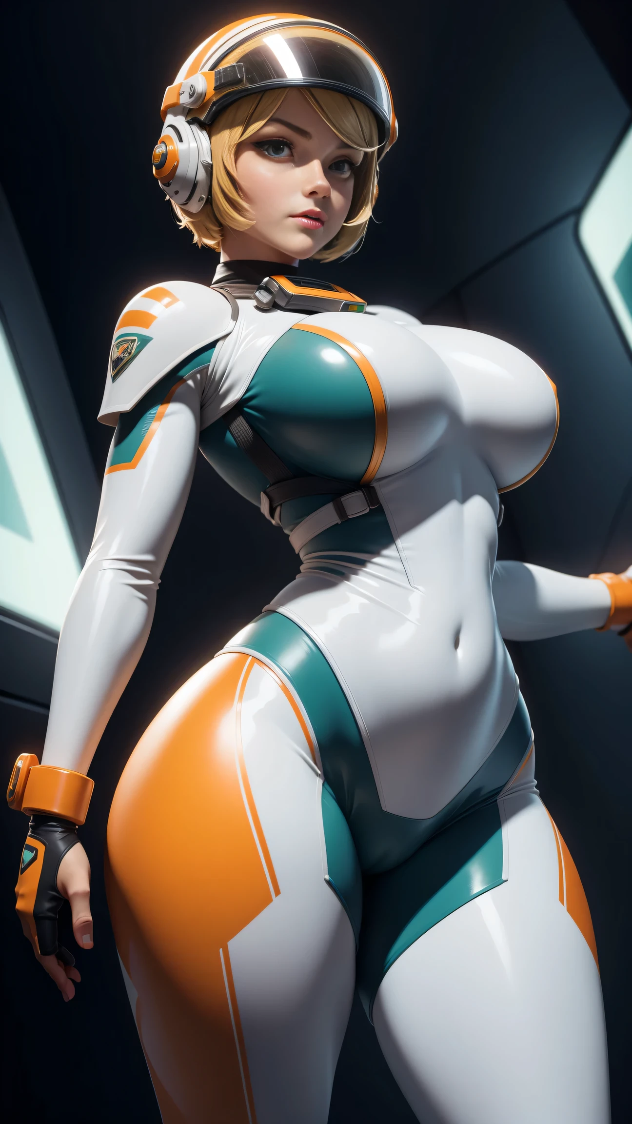 gorgeus space cadet girl, helmet, white and orange rebreather, deep green almond-shaped eyes, short blond hair, perfect huge breasts, wide hips, muscular thighs, muscular arms, sexy belly, massive huge cameltoe, space, spaceship, UHD, retina, masterpiece, anatomically correct, textured skin, high details, award winning, best quality, 8k