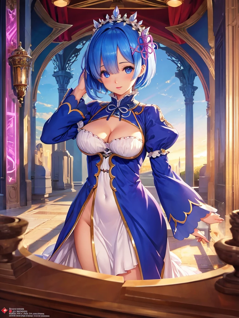 ((masterpiece))), ((highest quality))), ((Super detailed)),(Detailed CG illustration), cinematic light, realistic, Very beautiful young lady, (Beautiful face and lips), intricate details, panoramic, arms, Robotic arm, cinematic quality, whole body, short blue hair,Rem,Re:zero,