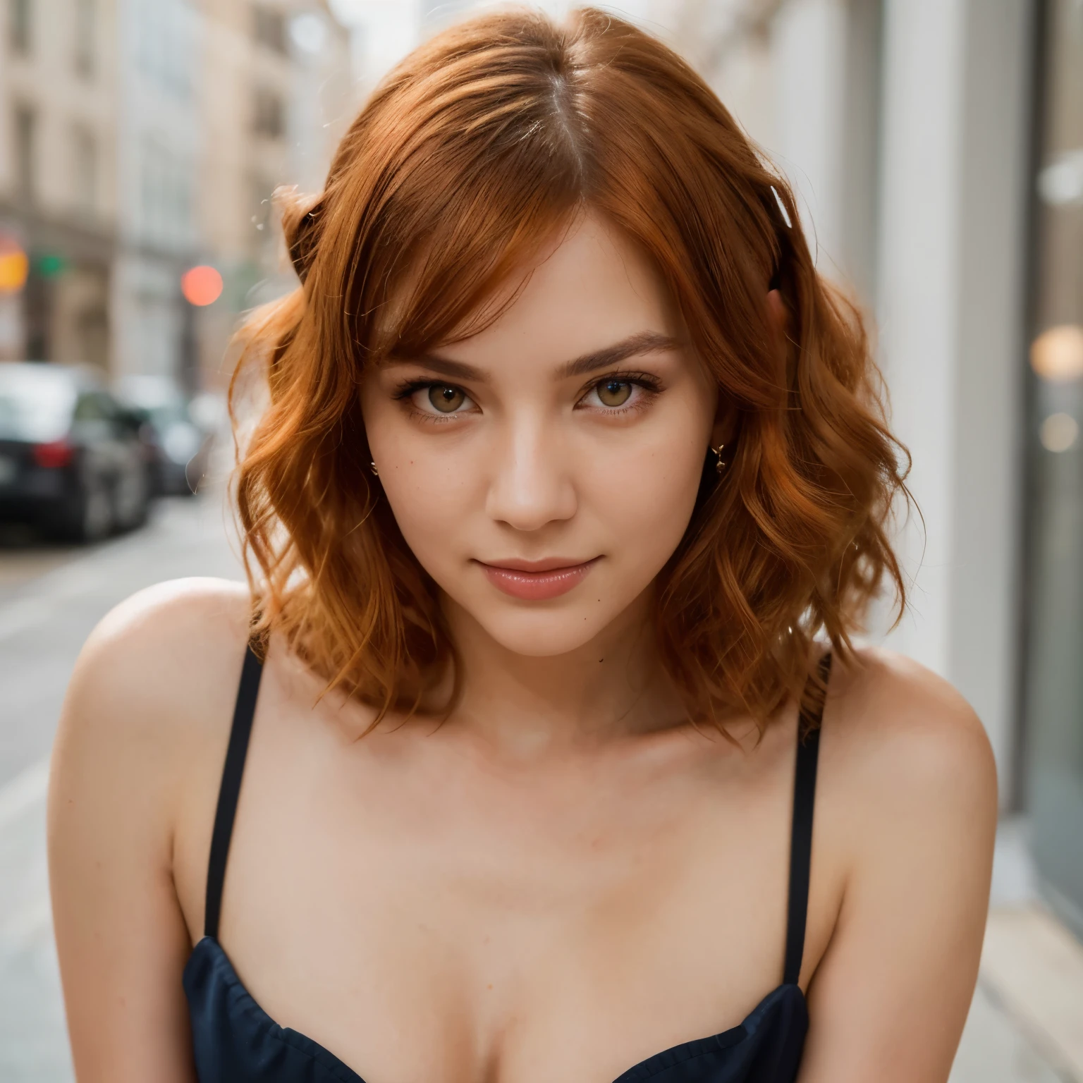 ((best quality)), ((art)), (detailed), perfect face, Beautiful and sexy woman with orange eyes, medium orange hair, nails painted with black nail polish, shiny, 25 years old, slim waist, very detailed, face innocent, face length 1.2 times face width, almond-shaped eyes, square face shape, high cheekbones, short bright orange wavy hair, brown eyes, high resolution, art, best quality, intricate details, very detailed , looking at camera, sharp focus, clear , detailed skin, realistic skin texture, texture, detailed eyes, professional, 4k, charming smile, shot with Canon, depth of field, Kodak Vision Colors, perfectly fitted body, extremely detailed, photo_\(ultra\ ), photorealistic, realistic , post-processing, Maximum detail, roughness, Real life, ultrarealistic, photorealism, photography, 8K Ultra HD, A photograph
Her orange hair is expertly arranged in a sleek, modern updo. A mix of soft waves and delicate curls frames your face, highlighting the vibrant tone of your strands.
To complete the look, she wears a pair of high heels that add an extra dose of glamor to her height. A gold metal clutch complements the set, providing a refined finishing touch.