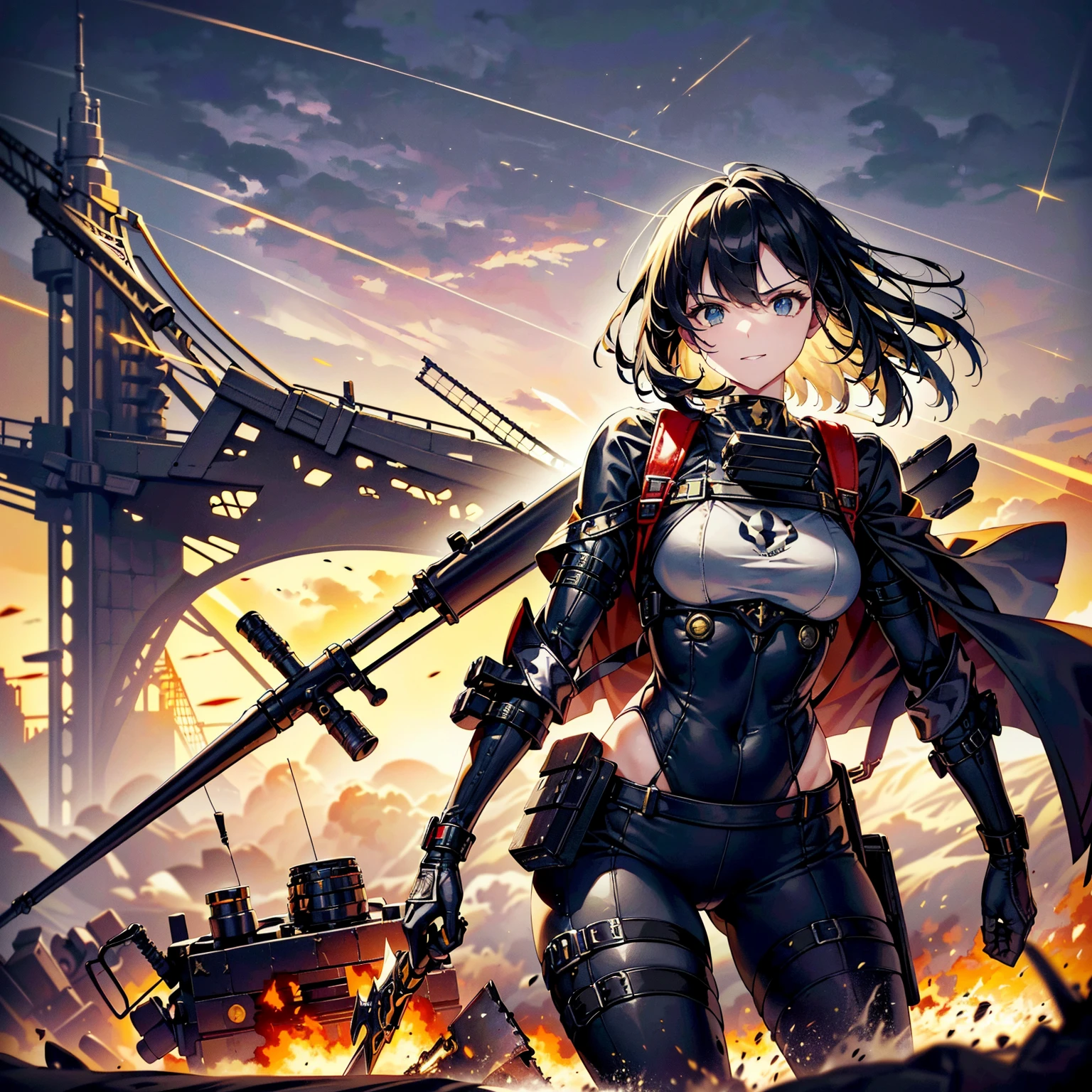 (highest quality，T Masterpiece，final solution，whole body):(24 year old female fighter，Slender、small face、Black Super Short Hair、Shiny black tight combat uniform，tight suit，dynamic angle、dynamic action、(dynamic pose:1.2)、normal posture，normal posture、Gentle smile、Backpack)、(Time Machine、Computer、skyscraper gun、weapons of the future、(Backpack:1.1)、Real World、Plankton rattle field、volumetric fog、gray fog、cigarette、 explosion、apocalyptic、destroyed city background、burning building:1.3、splash of water、starry ski、huge moon、Earth、destroyed giant robot、radio tower、airplane flying overhead、shooting star rocket truck、broken car、derailed train、tank、giant weapon、electronic equipment、Luminous mechanism)