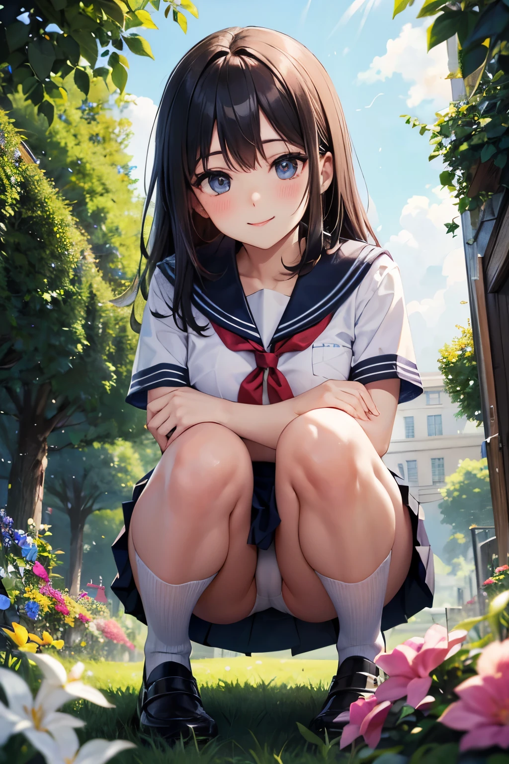 very cute and beautiful girl,(highly detailed beautiful face and eyes:1.2), (smile:1.15),blush,black hair,sailor school uniform,(navy blue pleated mini skirt), (from below),squatting,white panties, flower garden,grassland,shrubbery, (best quality,masterpiece:1.2),absurdres,highres,ultra-detailed,extremely detailed,32k,8k resolution, intricate details,cinematic scene,detailed background,solo,dynamic angle,