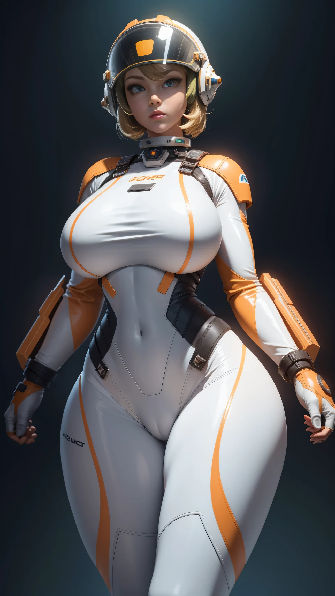 gorgeus space cadet girl, helmet, white and orange rebreather, deep green almond-shaped eyes, short blond hair, perfect huge breasts, wide hips, muscular thighs, muscular arms, sexy belly, massive huge cameltoe, space, spaceship, UHD, retina, masterpiece, anatomically correct, textured skin, high details, award winning, best quality, 8k, tall, long legs
