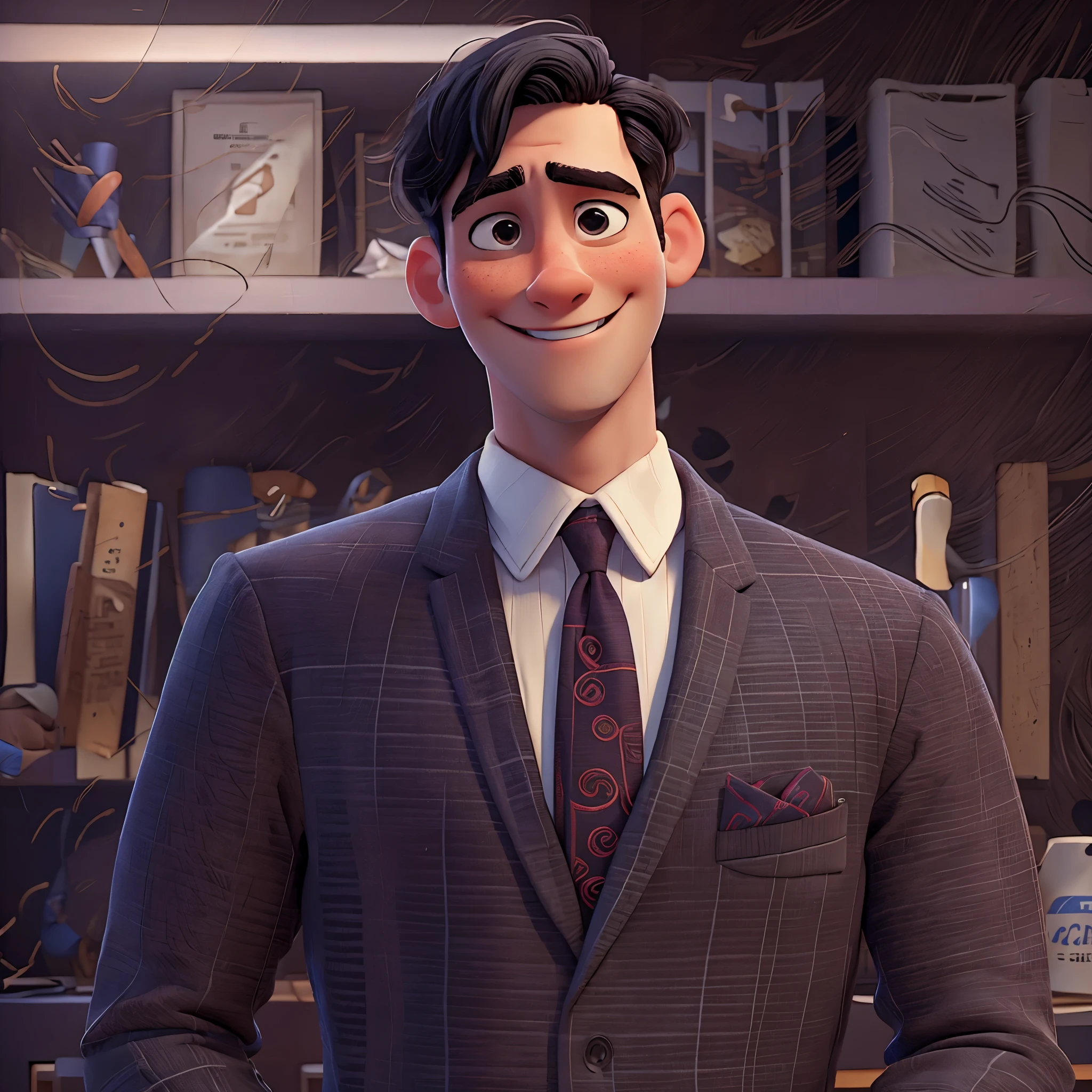 masterpiece, best quality, a man，young male，Handsome dad，black hair，wearing a suit，in office，Smile，Pixar style, stills，