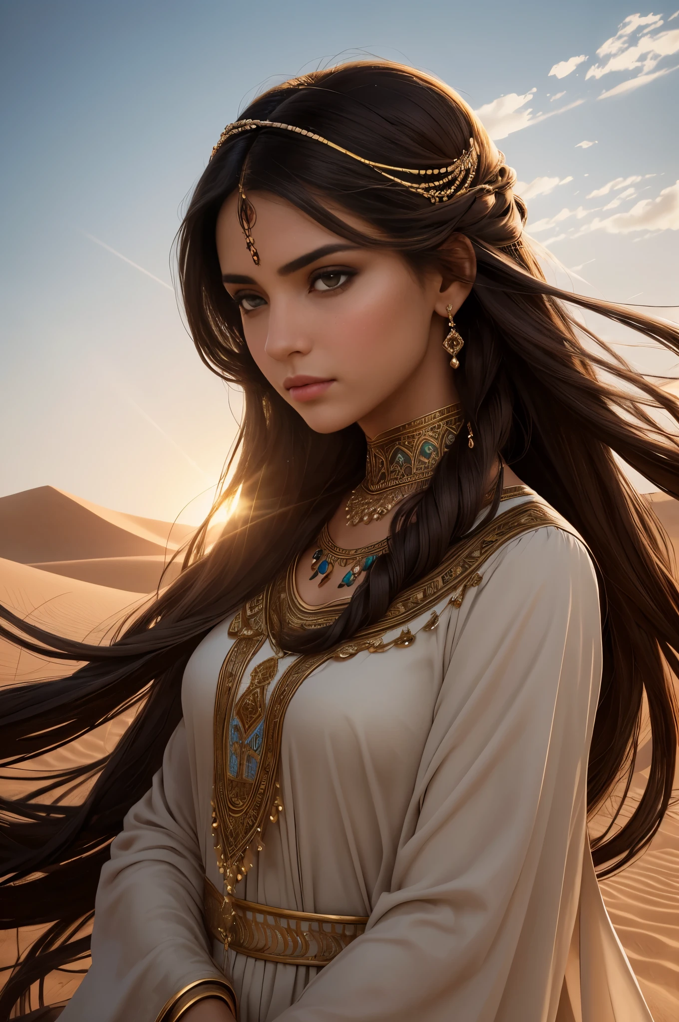 Masterpice, high quality 4k resolution, Elegant and charming image, Powerful and mysterious Arab woman,brown hair, amazing black eyes, Her flowing hair fluttered in the flowing desert breeze. She wields a gorgeous bow, Decorated with intricate decorations and ornate designs. sunrays casting long shadows, Highlight the delicate beauty of women,Evoke a sense of mystery and connection. The shallow depth of field isolates women from the desert environment, Emphasize the strong connection between the two. Shallow depth of field, Soft lighting, portrait lens