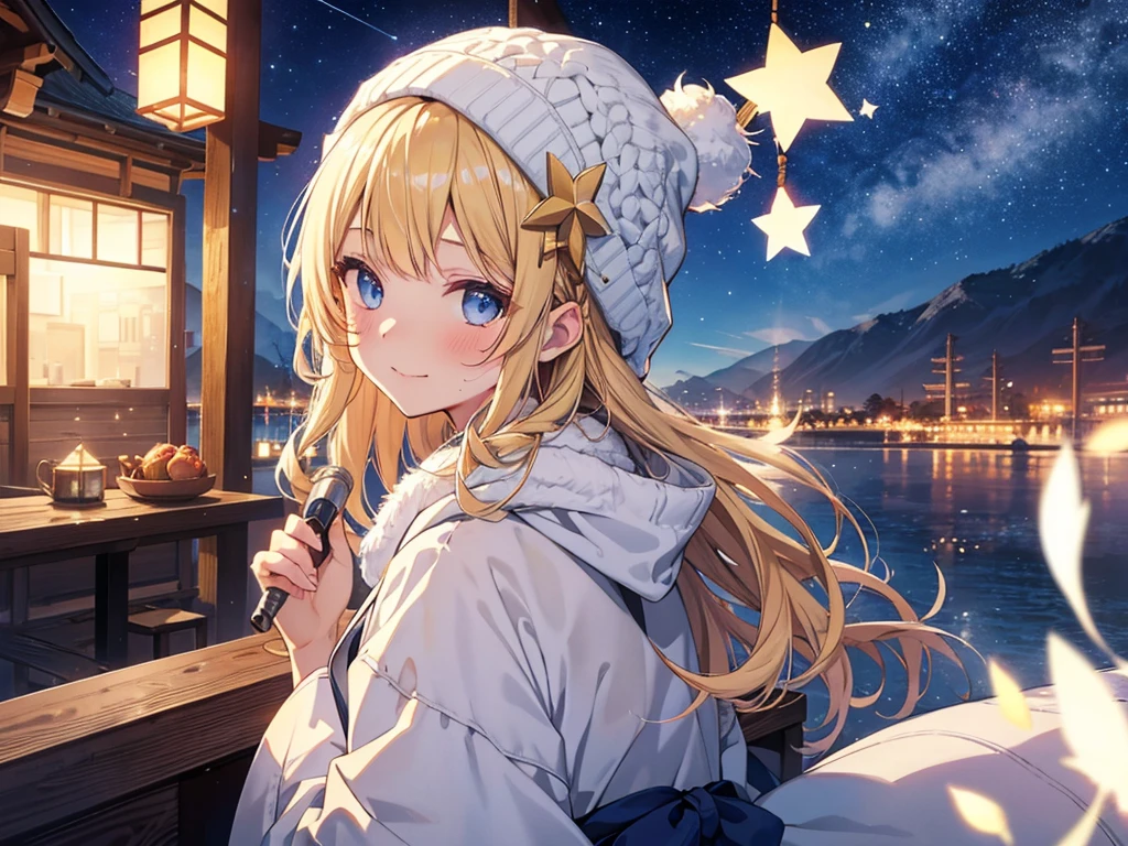 (masterpiece)++,(sweet illustration)+,detailed gradient eyes, outdoors, milky way galaxy, Beautiful scenery, Moonlight, high resolution, winter mountain,
1girl, sitting, kimono, WHITE MUFFLER, duffel coat, ROBE, (fluffy, beanie), from back, looking at viewer, medium bob, blonde hair, bun_head, shiny wavy hair, blue eyes, light smile, lens flare, Japanies Hairpin, kanzashi, braided bangs, cute, , 14-yo, , sweaty hats, white breath, steam, shooting star, astronomical telescope,