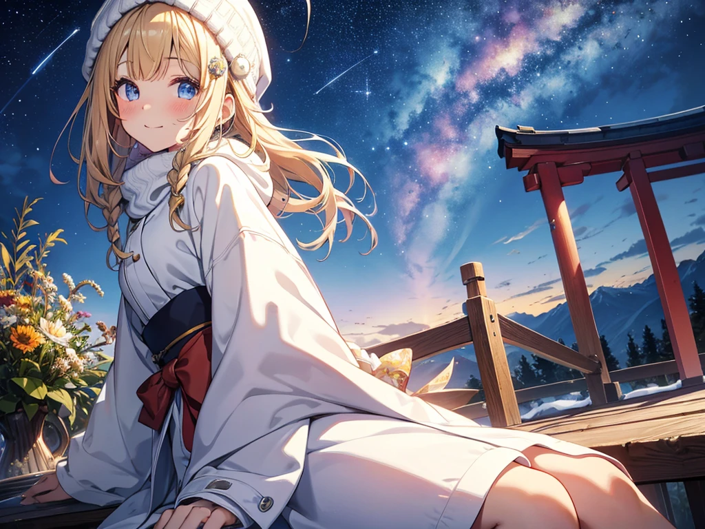 (masterpiece)++,(sweet illustration)+,detailed gradient eyes, outdoors, milky way galaxy, Beautiful scenery, Moonlight, high resolution, winter mountain,
1girl, sitting, kimono, WHITE MUFFLER, duffel coat, ROBE, (fluffy, beanie), from back, looking at viewer, medium bob, blonde hair, bun_head, shiny wavy hair, blue eyes, light smile, lens flare, Japanies Hairpin, kanzashi, braided bangs, cute, , 14-yo, , sweaty hats, white breath, steam, shooting star, astronomical telescope,