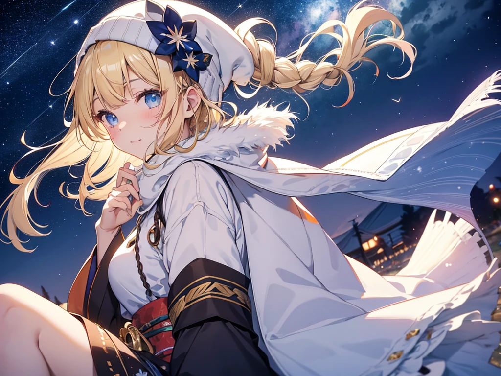 (masterpiece)++,(sweet illustration)+,detailed gradient eyes, outdoors, milky way galaxy, Beautiful scenery, Moonlight, high resolution, winter mountain,
1girl, sitting, kimono, WHITE MUFFLER, duffel coat, ROBE, (fluffy, beanie), from back, looking at viewer, medium bob, blonde hair, bun_head, shiny wavy hair, blue eyes, light smile, lens flare, Japanies Hairpin, kanzashi, braided bangs, cute, , 14-yo, , sweaty hats, white breath, steam, shooting star, astronomical telescope,