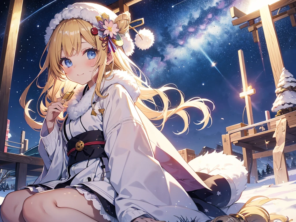 (masterpiece)++,(sweet illustration)+,detailed gradient eyes, outdoors, milky way galaxy, Beautiful scenery, Moonlight, high resolution, winter mountain,
1girl, sitting, kimono, WHITE MUFFLER, duffel coat, ROBE, (fluffy, beanie), from back, looking at viewer, medium bob, blonde hair, bun_head, shiny wavy hair, blue eyes, light smile, lens flare, Japanies Hairpin, kanzashi, braided bangs, cute, , 14-yo, , sweaty hats, white breath, steam, shooting star, astronomical telescope,
