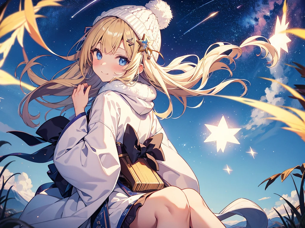 (masterpiece)++,(sweet illustration)+,detailed gradient eyes, outdoors, milky way galaxy, Beautiful scenery, Moonlight, high resolution, winter mountain,
1girl, sitting, kimono, WHITE MUFFLER, duffel coat, ROBE, (fluffy, beanie), from back, looking at viewer, medium bob, blonde hair, bun_head, shiny wavy hair, blue eyes, light smile, lens flare, Japanies Hairpin, kanzashi, braided bangs, cute, , 14-yo, , sweaty hats, white breath, steam, shooting star, astronomical telescope,