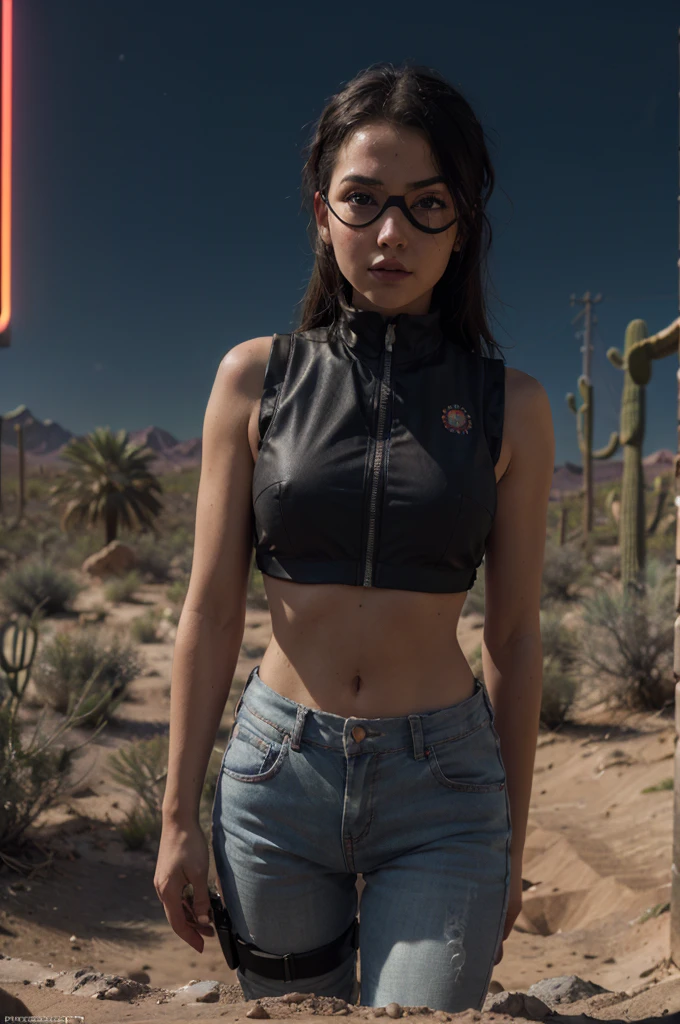 NSFW, (1girl), ((desert combat outfit, holding weapon, tactical goggles, bullet vest, Fully clothed:1.4)), ((small Breasts, rounded breasts:1.3)), ((accentuated breast, large pelvic, wide hip, midriff, narrow waist, curvy waist:1.2)), ((slim, skinny waist, slender, skinny stomach:1.2)), modern hairstyle, colour streaked hair, hair highlights, ((smug face)), ((tattoo:1.1)), masterpiece, best quality, realistic, ultra highres, depth of field, (full dual colour neon lighting:1.2), (detailed face:1.2), (detailed eyes:1.2), (detailed background:1.2), (desert, action sequences, cinematic lighting, desert storm:1.2) (masterpiece:1.2), (ultra detailed), (best quality), intricate, comprehensive cinematic, magical photography, (gradients), colorful, detailed landscape, visual key, shiny skin,