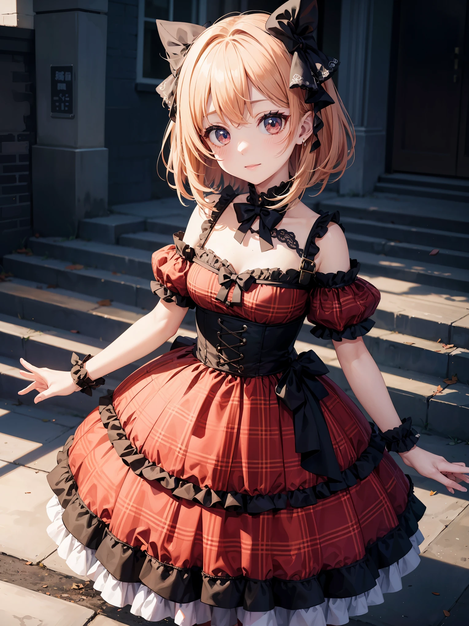 plaid dress, bow, changeta fashion, changeta style, anime girl cosplay, change, cute, 天使のようなcute, , portrait of changeta girl, red checker, and 8K, 2000, emo style, non-mainstream, red checker, Mine series girl, harajuku style, exaggerated dressing, intricate decoration, rock style, gothic style、masterpiece、absolute resolution、Super high quality、