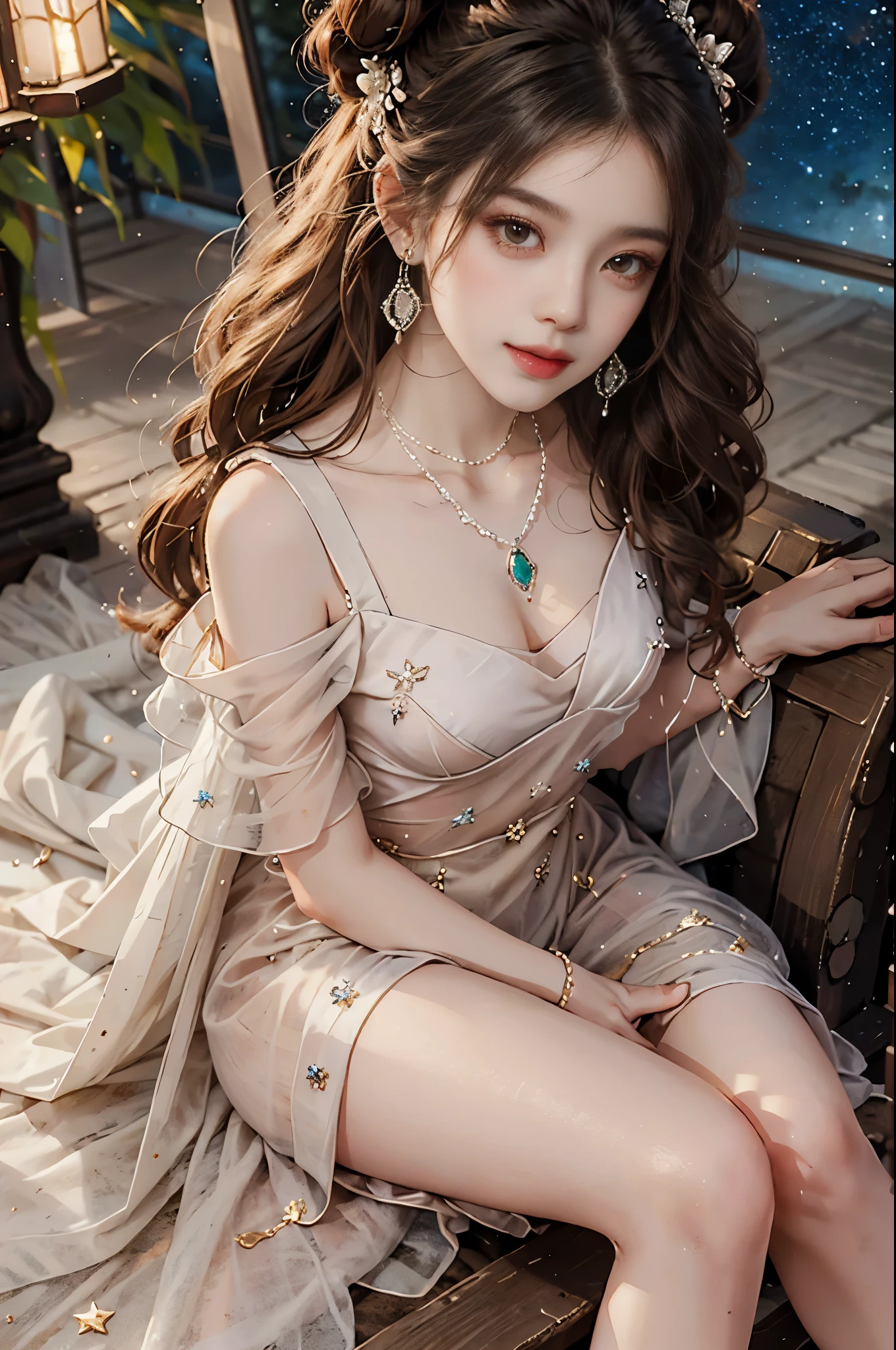 Sweet girl clothes8,(gem:1.3), ((knee shot)), ((actual)), ((from above)), (close up), 1 Asian female model, A young girl, night, starry sky, (In the gazebo, sitting position, cross legs, leaning against pillars), pretty pose, Various postures attract attention, Detailed scene, bun hair, hairpin, beautiful hair accessories, Brownish-yellow hair, Light makeup, blush blush, lip gloss, beautiful legs, ((warm light, Warm color palette)), (Extremely high color saturation), detailed details, Super detailed, (masterpiece, best quality), (Extremely exquisite and beautiful work), exquisite earrings, exquisite necklace, simple background, extremely detailed description, Ultra-fine painting, delicate face, slim body, thin waist, Smile, (anatomically correct)