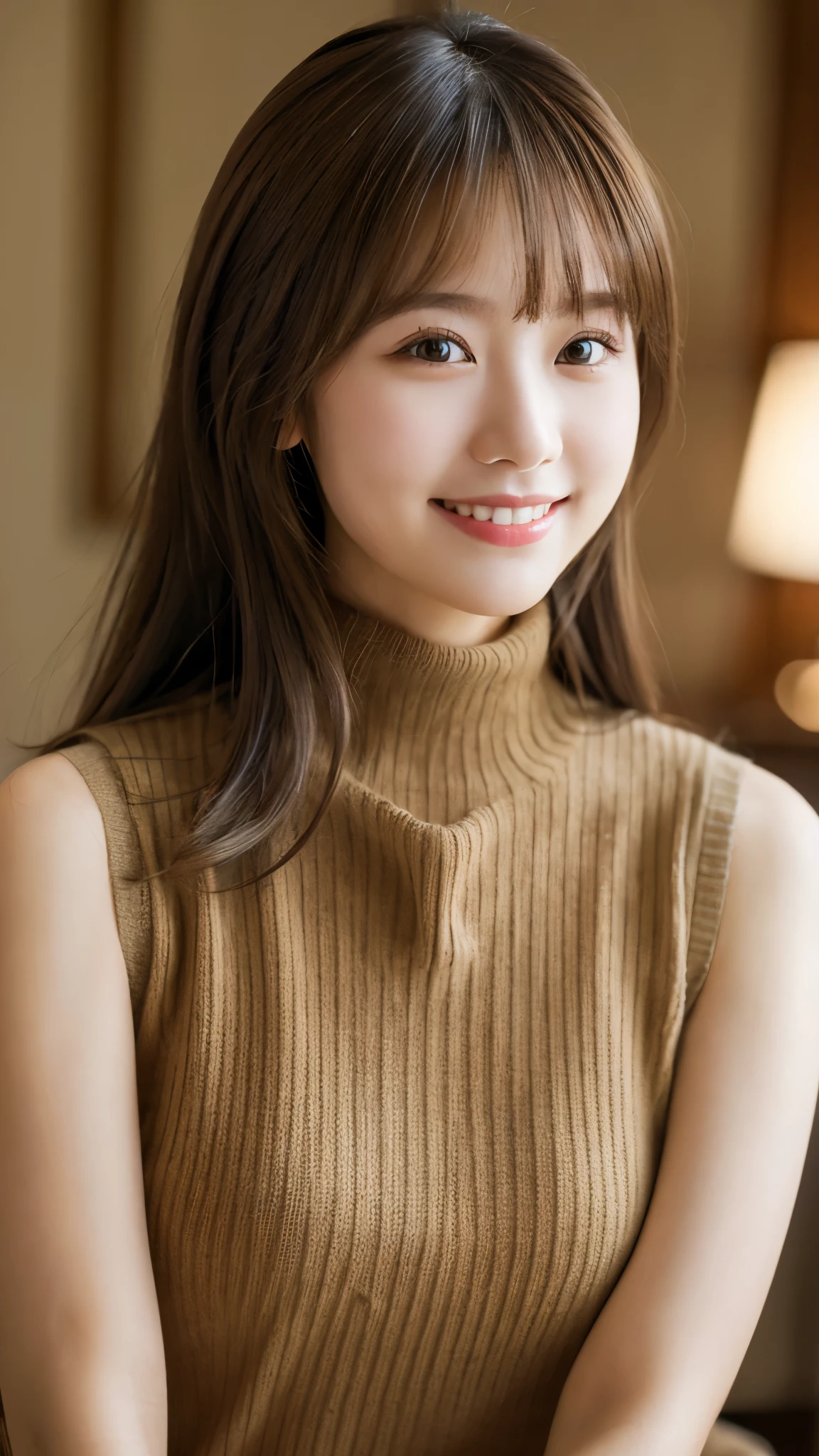 best quality ,masterpiece,ultra high res, very beautiful, kawaii, (photo realistic:1.4), 1girl, Japanese, brown hair, Cinematic, 35mm lens, f/ 1. 8, accent lighting, 8k, sleeveless turtleneck sweater, University, smile, morning