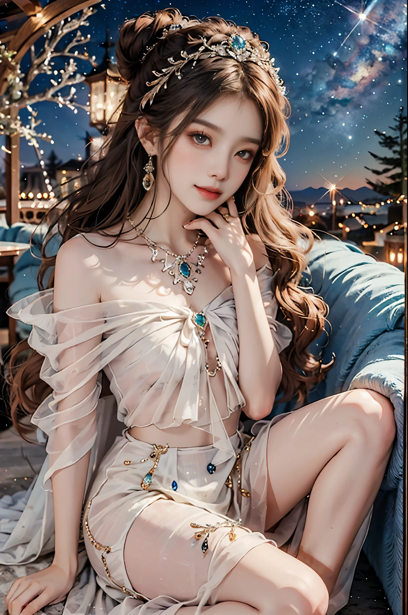 Sweet girl clothes8,(gem:1.3), ((knee shot)), ((actual)), ((from above)), (close up), 1 Asian female model, A young girl, night, starry sky, (In the gazebo, sitting position, cross legs, leaning against pillars), pretty pose, Various postures attract attention, Detailed scene, bun hair, hairpin, beautiful hair accessories, Brownish-yellow hair, Light makeup, blush blush, lip gloss, beautiful legs, ((warm light, Warm color palette)), (Extremely high color saturation), detailed details, Super detailed, (masterpiece, best quality), (Extremely exquisite and beautiful work), exquisite earrings, exquisite necklace, simple background, extremely detailed description, Ultra-fine painting, delicate face, slim body, thin waist, Smile, (anatomically correct)