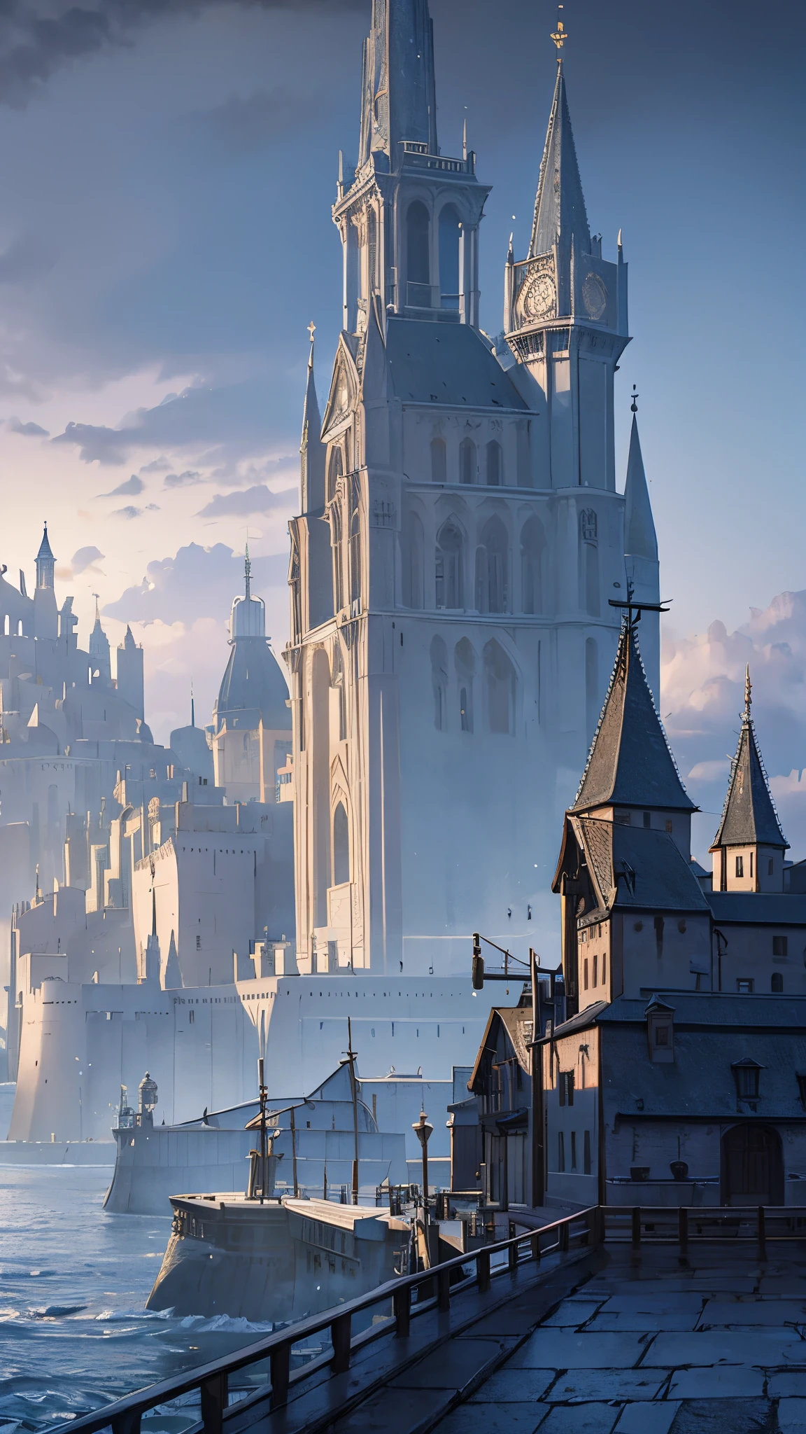 Port of a medieval town with caravels, wet stone, dramatic light, discreet, photorealistic, (stone pier) cinematic lighting, volumetric lighting, dark atmosphere, background with a mountain and a giant silver moon in the sky