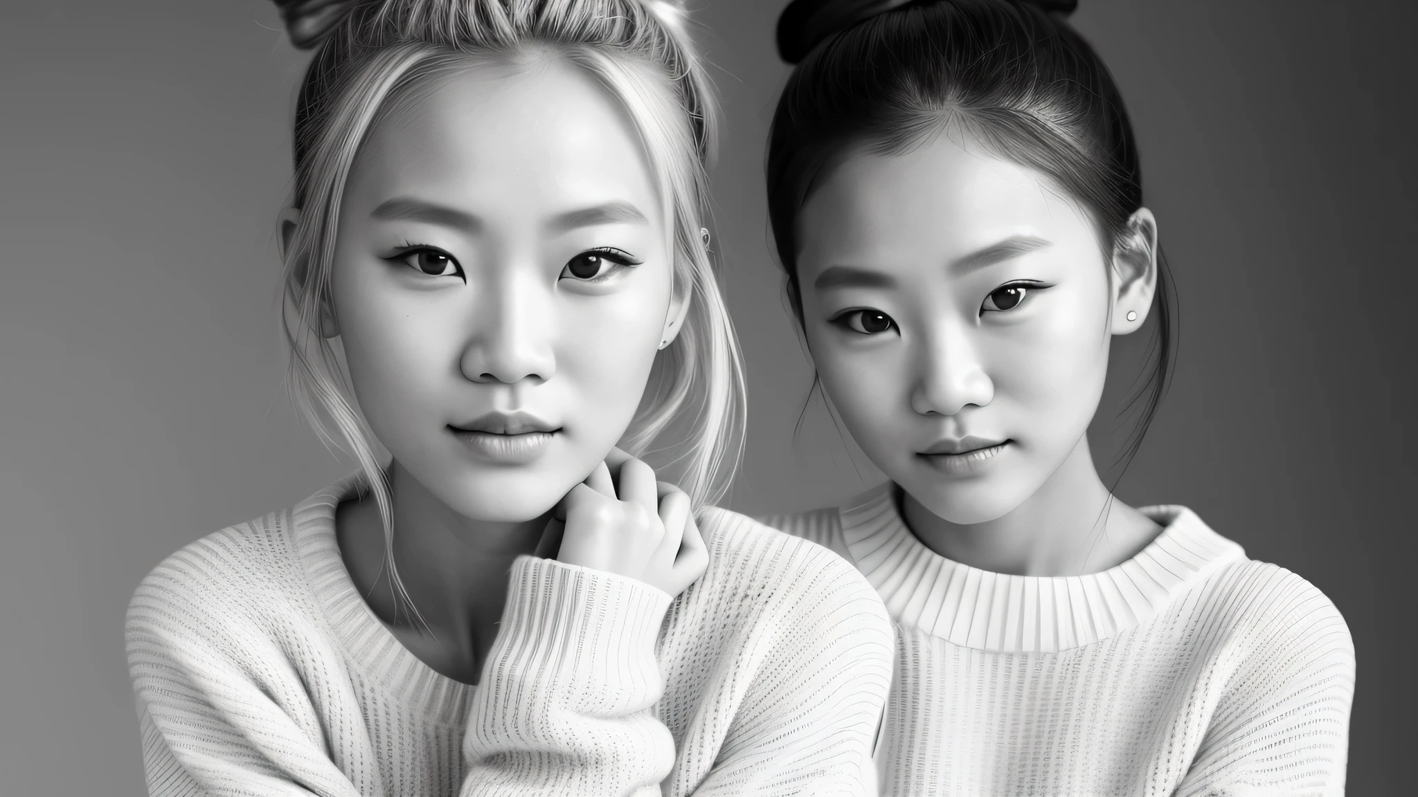 black and white photo of a girl  blonde hair bun with a sweater on and glass, portrait black and white, close up portrait photo, black and white portrait, 1 3 5 mm nikon portrait, beautiful portrait photo, studio potrait, taejune kim, seseon yoon, jaeyeon nam, kids model, editorial KIDS portrait, high detail portrait photo,