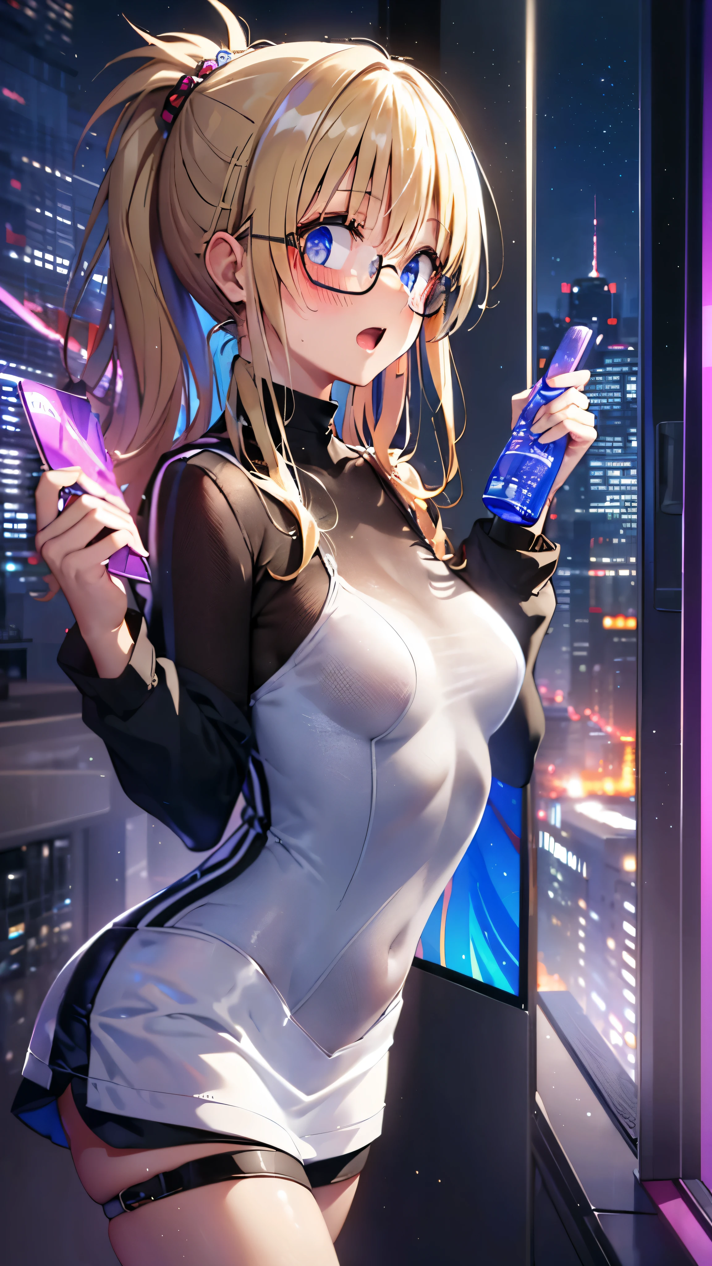 woman,************,,city,night,(((white and blue tight miniskirt bodysuit))),,open mouth smile((See-through))(((Glasses))),((Beautiful long ponytail)),(()),blush、surprised face,((())),((blonde))(((On the way to changing clothes)))(((While undressing)))