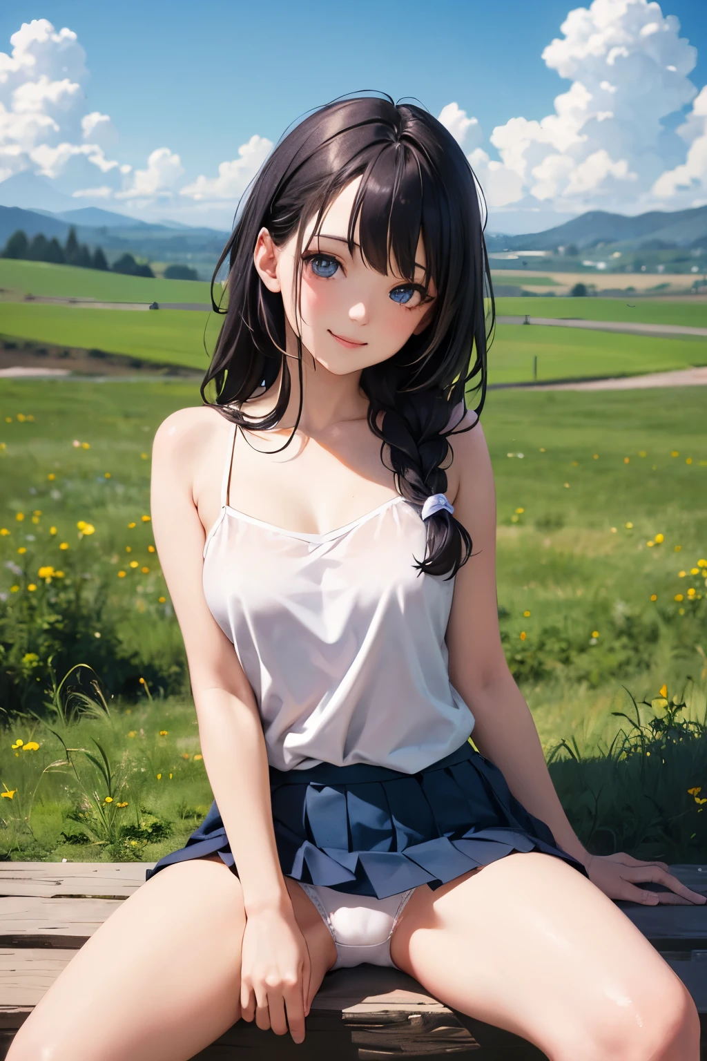 very cute and beautiful girl,(highly detailed beautiful face and eyes:1.2),
white camisole,sitting,(spread legs,white panties) BREAK
(smile),happy,looking at viewer,(pleated blue mini skirt:1.2),
countryside,grassland,hilltop,tiny colorful flowers,wooden fence,detailed landscape,black hair,twin braid,
(best quality,masterpiece:1.2),absurdres,highres,ultra-detailed,extremely detailed,32k,8k resolution,
intricate details,cinematic scene,detailed background,solo,dynamic angle,
beautiful detailed sky,(realistic),