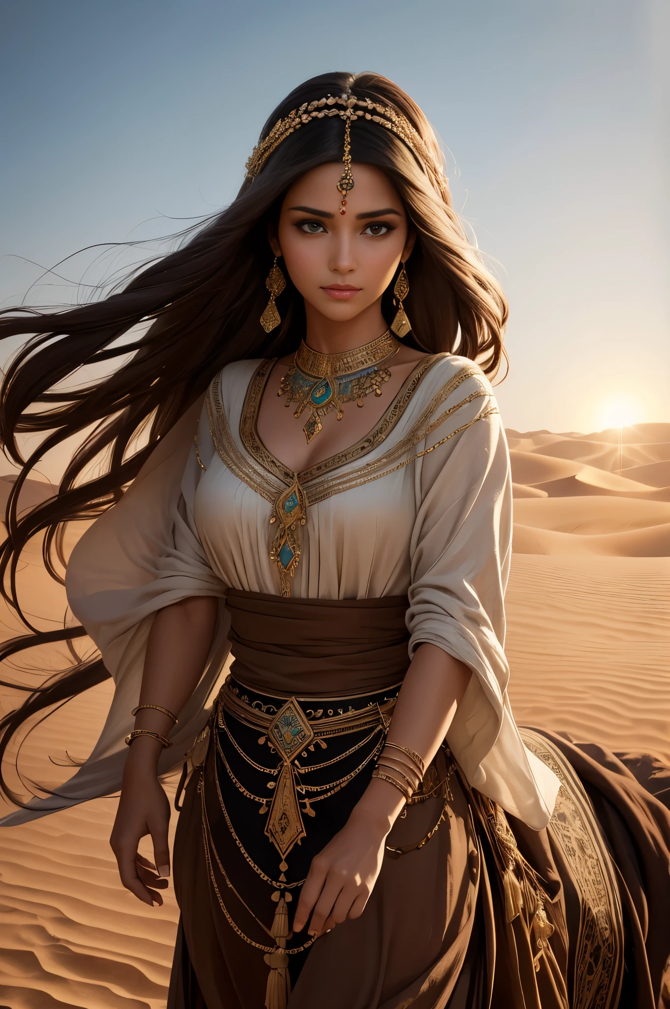 Masterpice, high quality 4k resolution, Elegant and charming image, Powerful and mysterious Arab woman,brown hair, amazing black eyes, Her flowing hair fluttered in the flowing desert breeze. She wields a gorgeous bow, Decorated with intricate decorations and ornate designs. sunrays casting long shadows, Highlight the delicate beauty of women,Evoke a sense of mystery and connection. The shallow depth of field isolates women from the desert environment, Emphasize the strong connection between the two. Shallow depth of field, Soft lighting, portrait lens