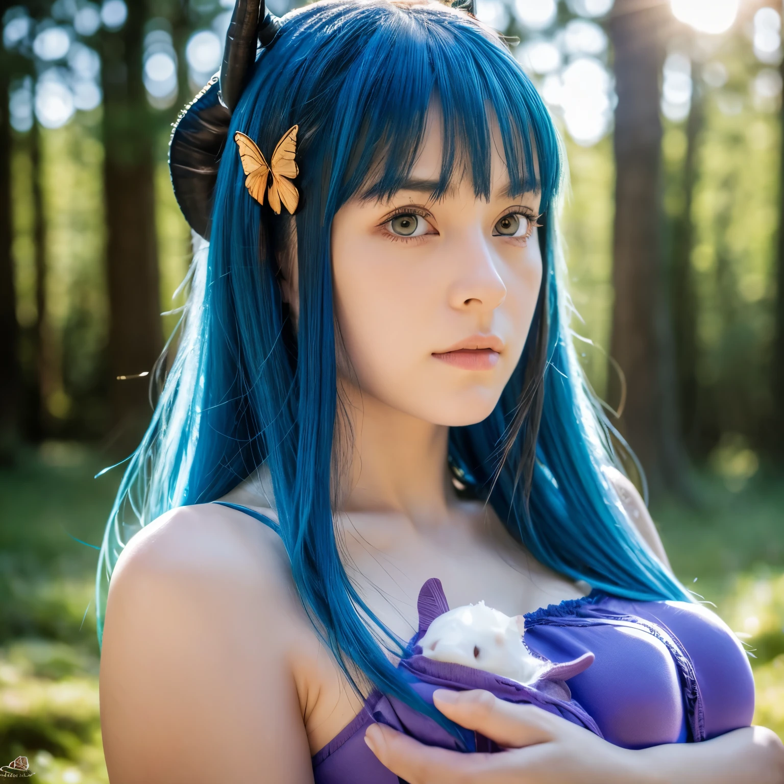 ((1 girl, alone)), masterpiece, superlative, portrait, hyper detail, figure, close, luxury background, straight shot, blue hair, purple eyes, (focus on face), stare into the distance, forest, sun, Wind, butterfly, studio lighting, Horizontal axis, wood, lake, Are standing, hired \(genshin impact), double horn, bare shoulders, tights,breastfeeding