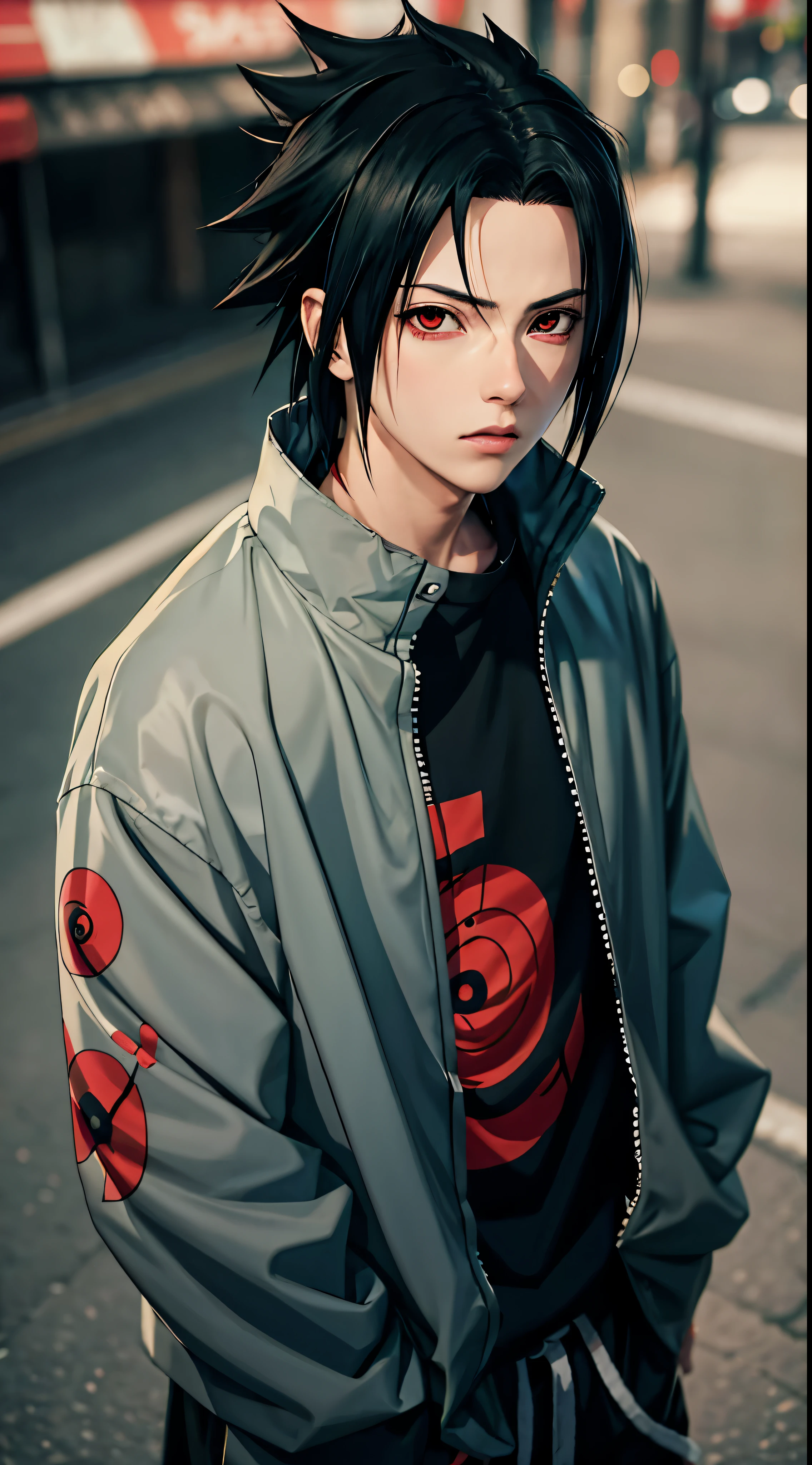 Masterpiece, 1boy, Superb Style, uchiha Sasuke, red eyes, Urban Streetwear chothes, Outdoor, Upper Body, Uchiha Sasuke, bright eyes, black hair, cool boy