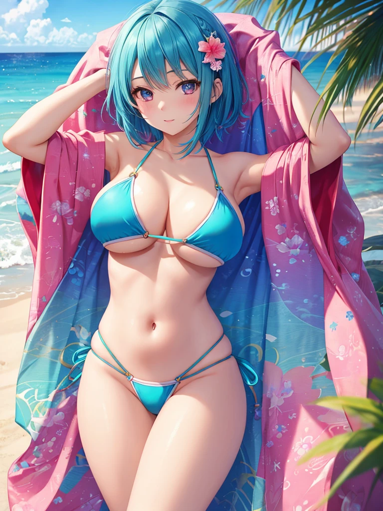 masterpiece, highest quality, Super detailed ,Againm,Again:zero,blue hair bikini girl on the beach, attractiveな女の子, Highly detailed art buds,short hair,  beautiful girl. detailed digital art, smooth CG art, swimsuit, Japanese clothing,Ryukyu tribe,attractive女の子, armpit, cute pose, beautiful breasts,big breasts, Put your hands on your hair,attractive,underboob,belly button,
