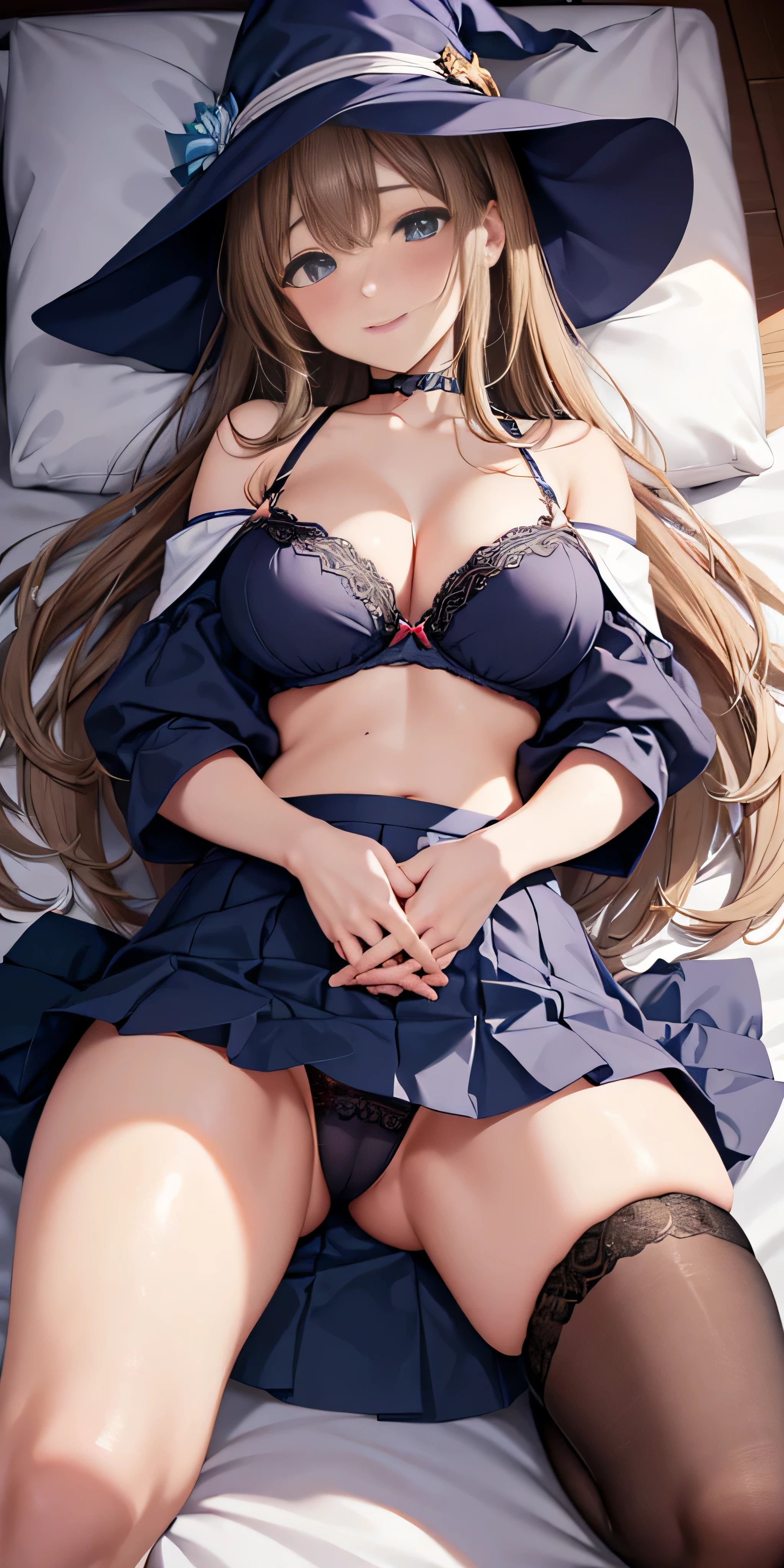 debris flies, highest quality, Highly detailed CG Unity 8K wallpaper, sexy witch , Long length hair、Dark blonde wavy hair、off shoulder knit, dark blue pleated skirt, stockings、medium breasts, saggy breasts, Pose that emphasizes the chest, blush, shy smile, bare shoulders, (((lift up the skirt with both hands、open your legs wide、please open your knees))）、、nice magic book、church bed、lying in bed、、light blue panties、light blue bra