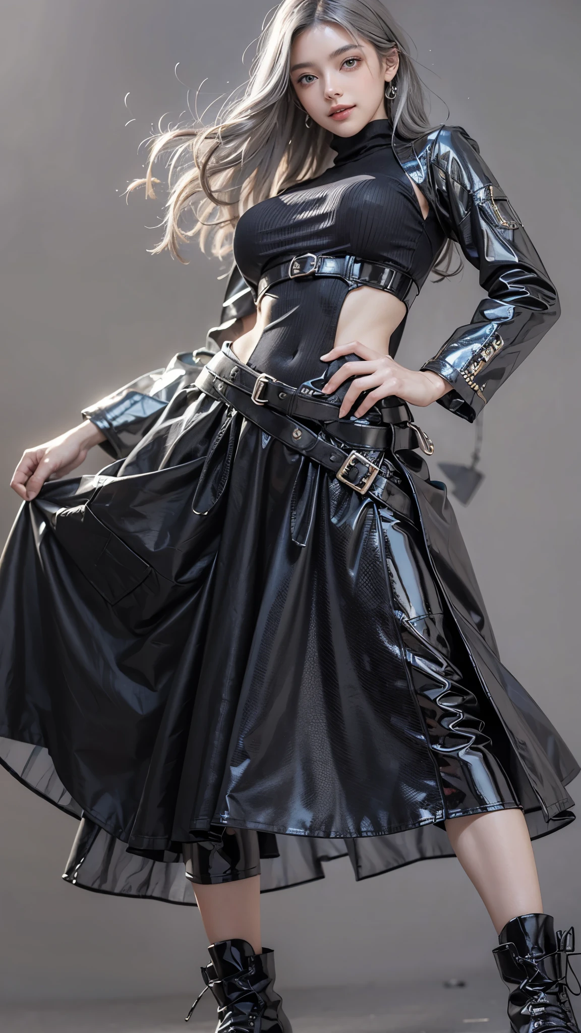 (anime, Unreal:1.2), (portrait:1.6), (brand collection, fashion brand theme:1.6), (detailed, beautiful, masterpiece, best quality:1.2), _ BREAK (1girl:1.2), 22 years old, 160 cm, Japanese cute model, Tightened all body, medium Breasts, small head, small face, diamond Face, small nose, Sharp Faceline, Detailed face, Detailed eyes, young hands and fingers, beautiful hands and fingers, five fingers, _ BREAK (happy, smile, Glossy Lips:1.3), (Light color lips, Half open mouth, beautiful Teeth:1.2), (dropy eyes, Double eyelid, light color eyes, Shiny eyes:1.5), Shiny skin, _ BREAK (arranged hairstyle:1.4), (gray hair:1.4), shiny hair, _ BREAK (gray simple blurry background:1.4), (mist, fog:1.4), _ BREAK (cowboy shot:1.4), (standing, sexy model pose:1.2), BREAK (Cyberpunk and wool fusion:1.3), ((wear an oversized wool turtleneck with rubberized surface) for a luxurious, futuristic, bodysuit, High legs, and warm feel:1.2), (large sleeves:1.2), (7/8 length:1.4), (simple yet cyberpunk-themed design:1.3),
BREAK (black and gray theme:1.2),  (Low rise skinny long skirt with a subtle reflective pattern:1.2), (ankle boots with sleek metal details:1.2), (edgy and versatile:1.2),