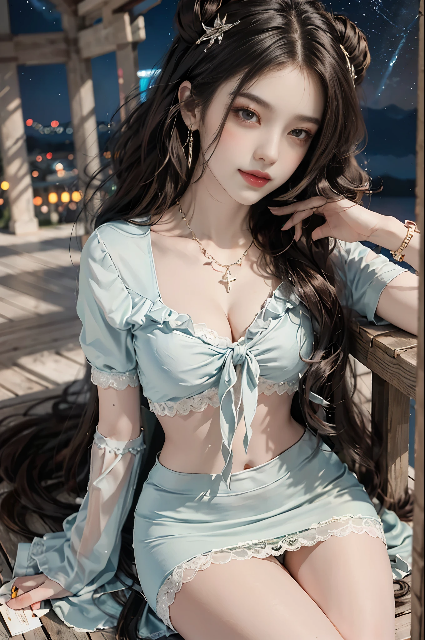 Special clothes44,lace trim,midriff,shirt,miniskirt, ((knee shot)), ((actual)), ((from above)), (close up), 1 Asian female model, A young girl, night, starry sky, (In the gazebo, sitting position, cross legs, leaning against pillars), pretty pose, Various postures attract attention, Detailed scene, bun hair, hairpin, beautiful hair accessories, Brownish-yellow hair, Light makeup, blush blush, lip gloss, beautiful legs, ((warm light, Warm color palette)), (Extremely high color saturation), detailed details, Super detailed, (masterpiece, best quality), (Extremely exquisite and beautiful work), exquisite earrings, exquisite necklace, simple background, extremely detailed description, Ultra-fine painting, delicate face, slim body, thin waist, Smile, (anatomically correct)