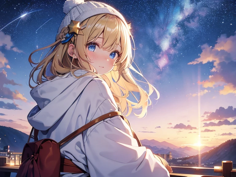 (masterpiece)++,(sweet illustration)+,detailed gradient eyes, outdoors, milky way galaxy, Beautiful scenery, Moonlight, high resolution, winter mountain,
((1girl)), sitting, kimono, WHITE MUFFLER, duffel coat, ROBE, (fluffy, beanie), from back, looking at viewer, medium bob, blonde hair, bun_head, shiny wavy hair, blue eyes, light smile, lens flare, Japanies Hairpin, kanzashi, braided bangs, cute, , -yo, sweaty hats, white breath, steam, shooting star, astronomical telescope,
