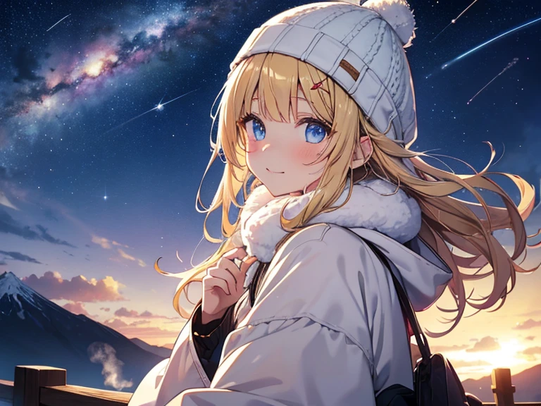 (masterpiece)++,(sweet illustration)+,detailed gradient eyes, outdoors, milky way galaxy, Beautiful scenery, Moonlight, high resolution, winter mountain,
((1girl)), sitting, kimono, WHITE MUFFLER, duffel coat, ROBE, (fluffy, beanie), from back, looking at viewer, medium bob, blonde hair, bun_head, shiny wavy hair, blue eyes, light smile, lens flare, Japanies Hairpin, kanzashi, braided bangs, cute, , 14-yo, , sweaty hats, white breath, steam, shooting star, astronomical telescope,
