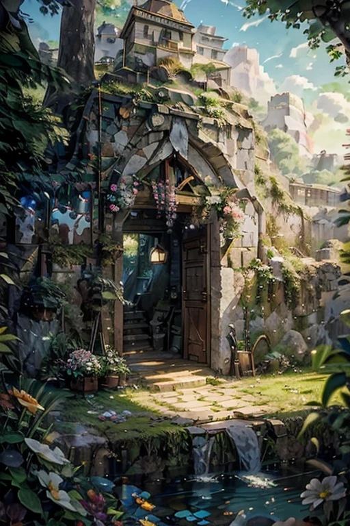 blazer(simple background:1.2), (isometric 3d art of floating rock citadel), cobblestone, flowers, verdant, stone, moss, fish pool, (waterfall:1.2), cottage , sunset