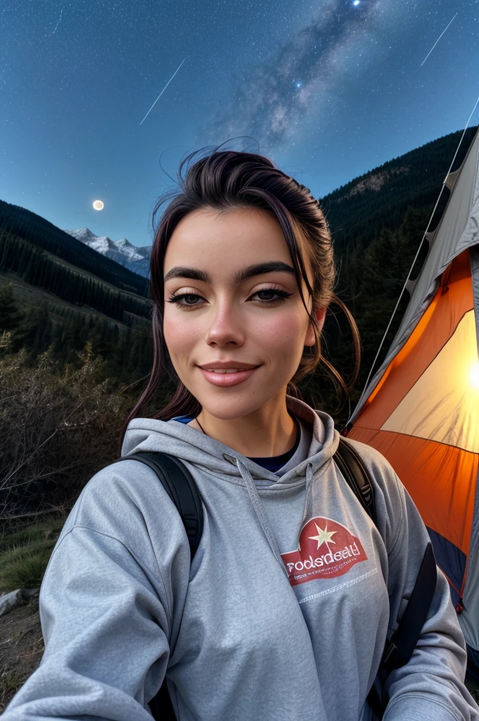 female emmanorts solo as model on camping trip, ((upper body selfie, happy)), masterpiece, best quality, ultra-detailed, solo, outdoors, (night), mountains, nature, (stars, moon) cheerful, happy, backpack, sleeping bag, close up, cinematic light, sidelighting, ultra high res, best shadow, RAW, upper body,  , wearing pullover, kodak vision 3,