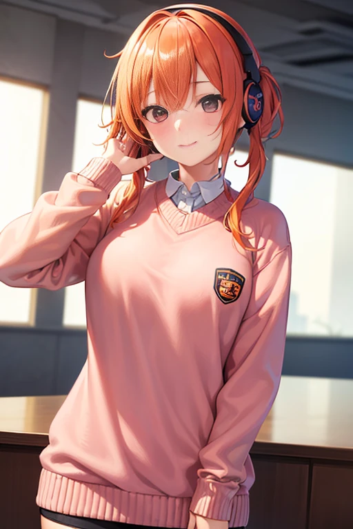 best quality, (masterpiece),(ultra-detailed), (high quality), (high resolution),1 girl, perfect face, short hair, color orange hair,hair pigtails, pink sweater, gamer headset in neck, brawn eyes, hand in neck