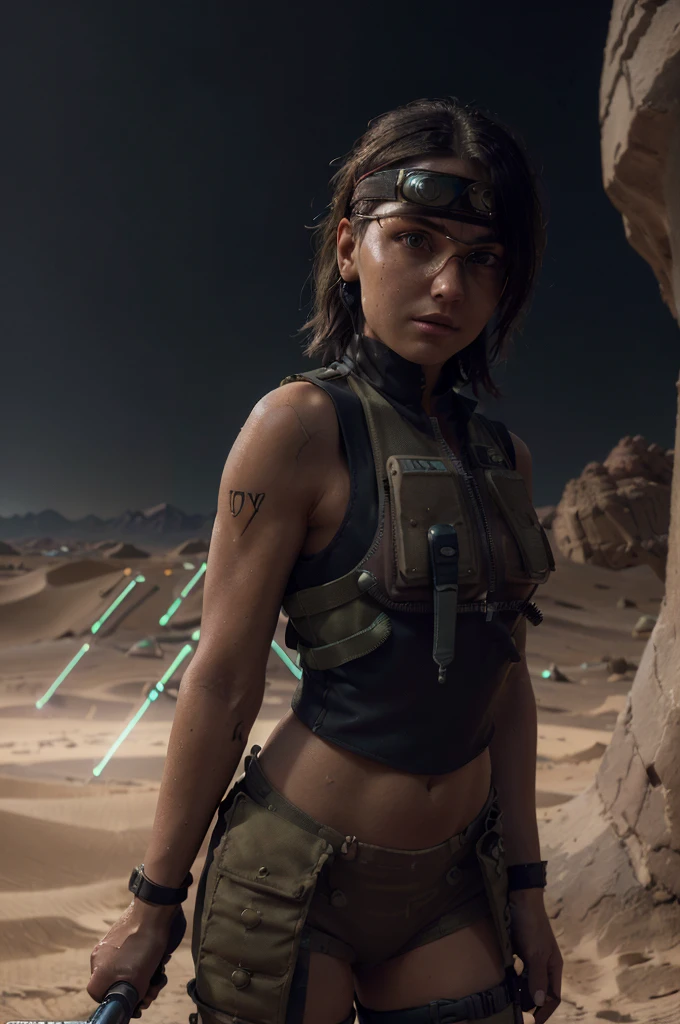 (1girl), ((desert combat outfit, holding weapon, tactical goggles, bullet vest, half dressed:1.4)), ((small Breasts, rounded breasts:1.3)), ((big chest, wide hips, belly, narrow waist, curved waist:1.2)), ((slim, skinny waist, slender, skinny stomach:1.2)), modern hairstyle, colour streaked hair, hair highlights, ((smug face)), ((tattoo:1.1)), masterpiece, best quality, realistic, ultra highres, depth of field, (full dual colour neon lighting:1.2), (detailed face:1.2), (detailed eyes:1.2), (detailed background:1.2), (desert, action sequences, cinematic lighting, desert storm:1.2) (masterpiece:1.2), (ultra detailed), (best quality), intricate, comprehensive cinematic, magical photography, (gradients), colorful, detailed landscape, visual key, shiny skin,