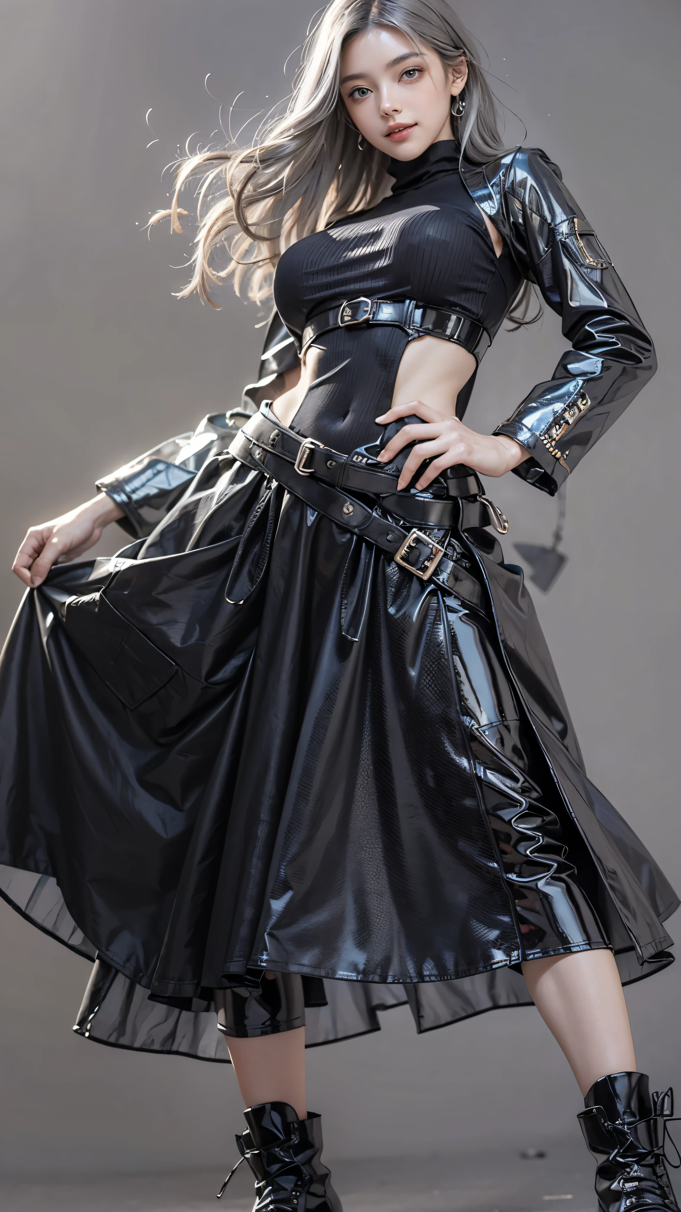(anime, Unreal:1.2), (portrait:1.6), (brand collection, fashion brand theme:1.6), (detailed, beautiful, masterpiece, best quality:1.2), _ BREAK (1girl:1.2), 22 years old, 160 cm, Japanese cute model, Tightened all body, medium Breasts, small head, small face, diamond Face, small nose, Sharp Faceline, Detailed face, Detailed eyes, young hands and fingers, beautiful hands and fingers, five fingers, _ BREAK (happy, smile, Glossy Lips:1.3), (Light color lips, Half open mouth, beautiful Teeth:1.2), (dropy eyes, Double eyelid, light color eyes, Shiny eyes:1.5), Shiny skin, _ BREAK (arranged hairstyle:1.4), (gray hair:1.4), shiny hair, _ BREAK (gray simple blurry background:1.4), (mist, fog:1.4), _ BREAK (cowboy shot:1.4), (standing, sexy model pose:1.2), BREAK (Cyberpunk and wool fusion:1.3), ((wear an oversized wool turtleneck with rubberized surface) for a luxurious, futuristic, bodysuit, High legs, and warm feel:1.2), (large sleeves:1.2), (7/8 length:1.4), (simple yet cyberpunk-themed design:1.3),
BREAK (black and gray theme:1.2),  (Low rise skinny long skirt with a subtle reflective pattern:1.2), (ankle boots with sleek metal details:1.2), (edgy and versatile:1.2),