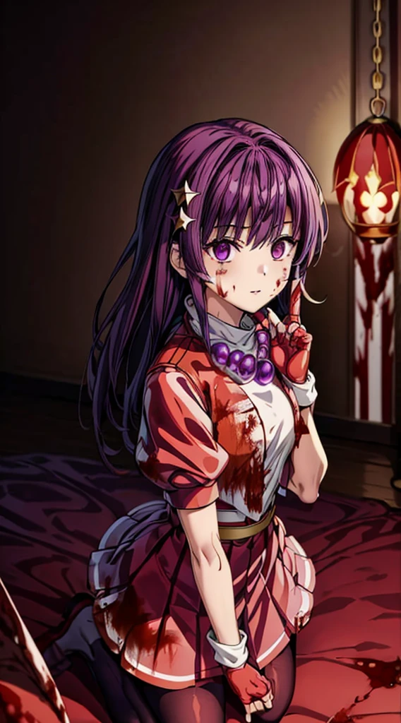 (masterpiece)、(highest quality)、(super detailed)、intricate details、athena 97、(1 girl:1.4)、solo、purple eyes、purple hair、hair length、white earrings、red hair band、star hair ornament、Medium breathing、red vest、white turtleneck、White Puff Sleeves、short sleeve、red pleated skirt、(Crimson pantyhose:1.2)、black pantyhose、yellow belt、purple spherical necklace、red fingerless gloves、white short socks、red shoes、evil smile、NSFW、In the ruins、anime style、(Blood on the face:1.6)、(combat readiness:1.2)、hypnorolla、
empty eyes、full body, looking at viewer,
