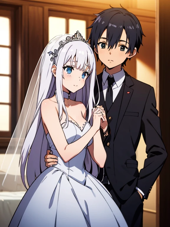 (Anime Boy and girl get maried) , (emilia, white long hair girl) , (kirito, black hair boy) , (romantic)