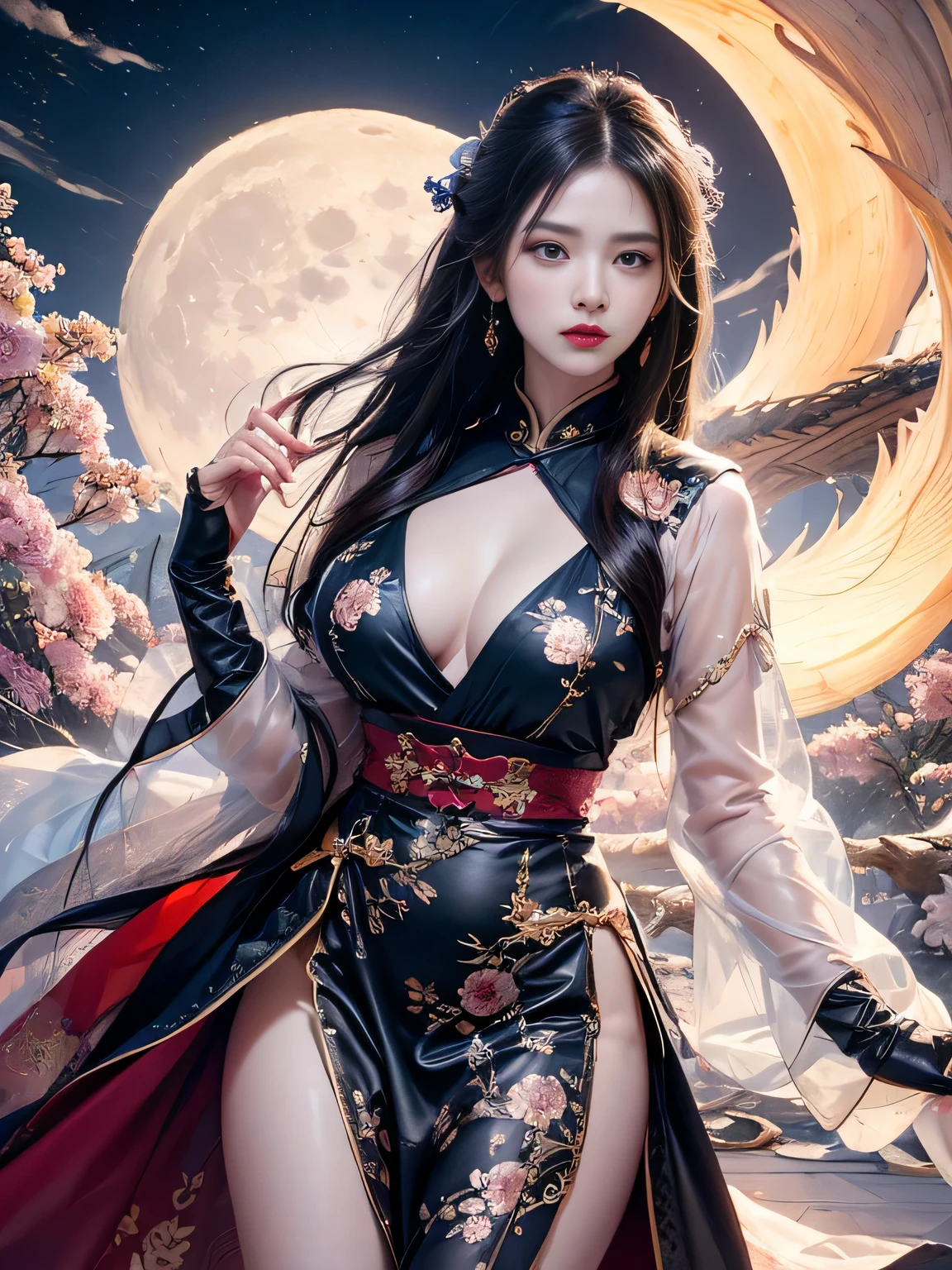 Change,(((hanfu))),(((period clothing))),Tang and Song court costumes,(((huge moon))),sitting,(((the dragon king's daughter))),sky sky,sitting position,Top CG,Highest image quality,masterpiece,Delicate and delicate beautiful girl,(high and high),Royal sister,Queen temperament,fair skin,(((long legs))),perfect facial features,Bright Eyes,charming pose,red lips,Beautiful and cold, (big breasts),beautiful and handsome,long black silk hair,shiny,Skin can be seen through perspective,(((Floral Dress))),8K quality,(Realistic portrait),The figure fills the entire frame,((facial lighting)),martial arts style
