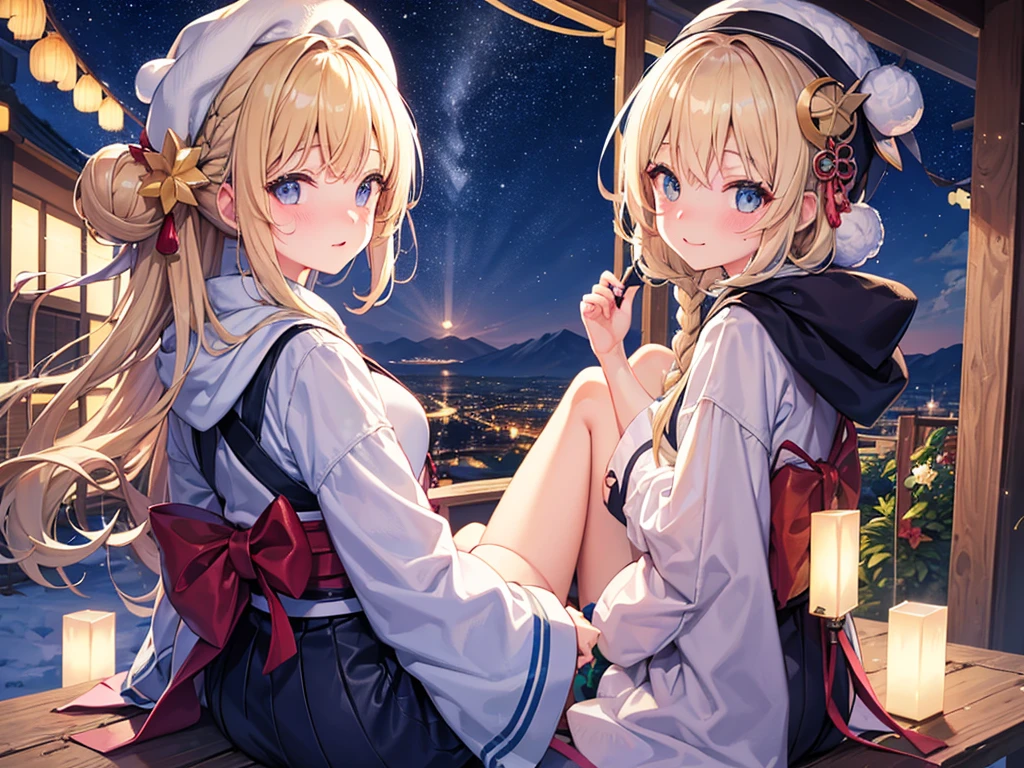 (masterpiece)++,(sweet illustration)+,detailed gradient eyes, outdoors, milky way galaxy, Beautiful scenery, Moonlight, high resolution, winter mountain,
1girl, sitting, kimono, WHITE MUFFLER, duffel coat, ROBE, (fluffy, beanie), from back, looking at viewer, medium bob, blonde hair, bun_head, shiny wavy hair, blue eyes, light smile, lens flare, Japanies Hairpin, kanzashi, braided bangs, cute, , 14-yo, , sweaty hats, white breath, steam, shooting star, astronomical telescope,