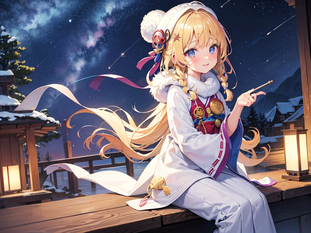 (masterpiece)++,(sweet illustration)+,detailed gradient eyes, outdoors, milky way galaxy, Beautiful scenery, Moonlight, high resolution, winter mountain,
1girl, sitting, kimono, WHITE MUFFLER, duffel coat, ROBE, (fluffy, beanie), from back, looking at viewer, medium bob, blonde hair, bun_head, shiny wavy hair, blue eyes, light smile, lens flare, Japanies Hairpin, kanzashi, braided bangs, cute, , 14-yo, , sweaty hats, white breath, steam, shooting star, astronomical telescope,
